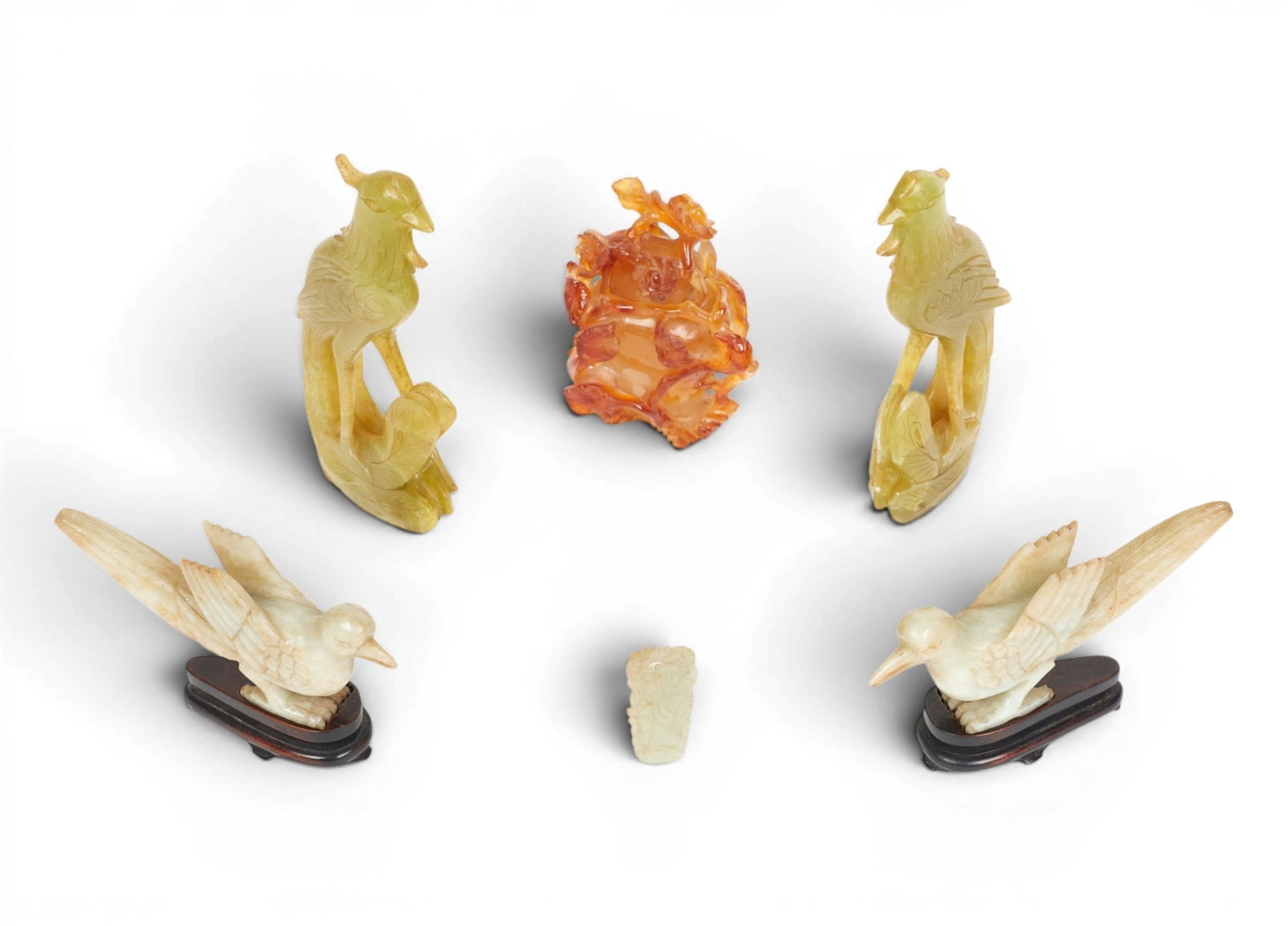 A group of six Chinese carvings: A group of six Chinese carvings Tallest: height 6 x width 3 in. (15.2 x 7.6 cm.)