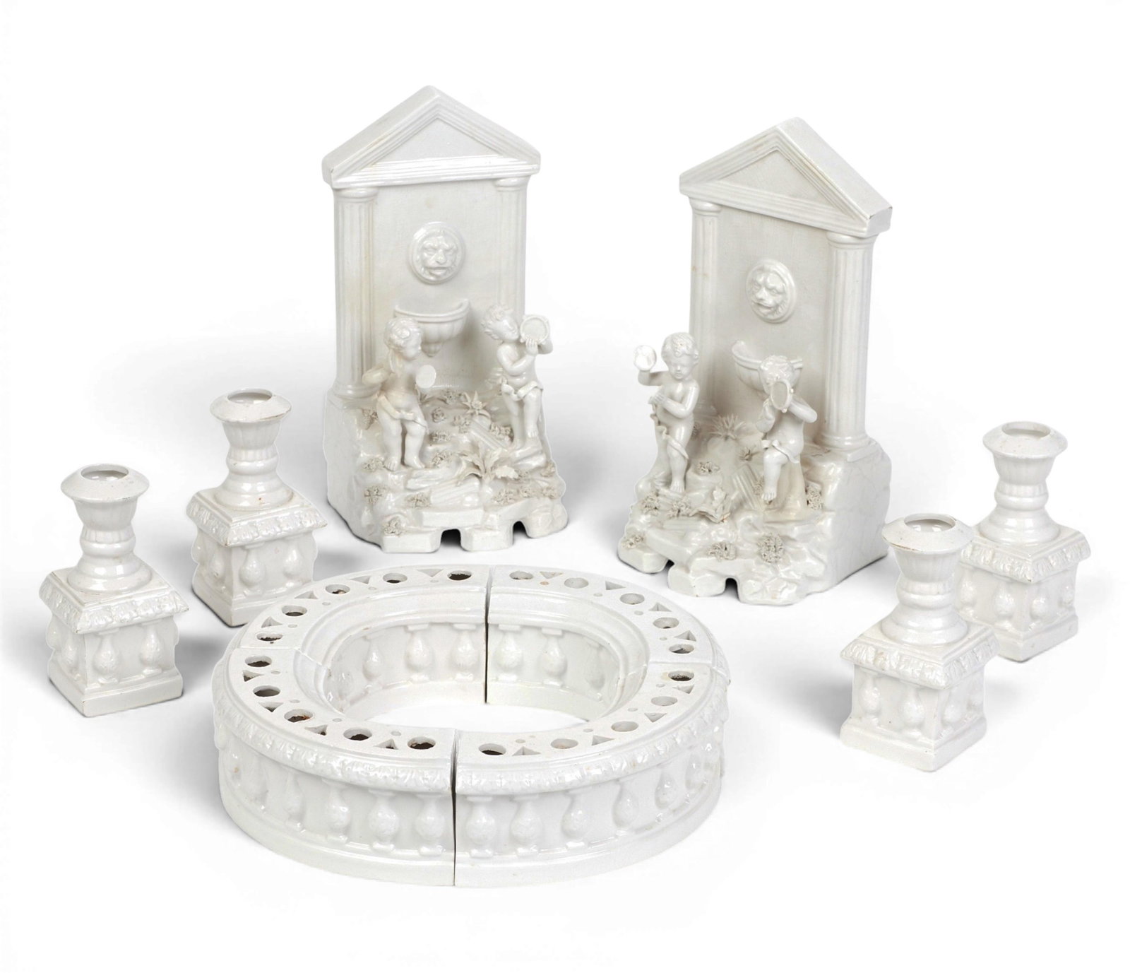 A ten piece Continental white bisque porcelain table garniture (1 of 6)