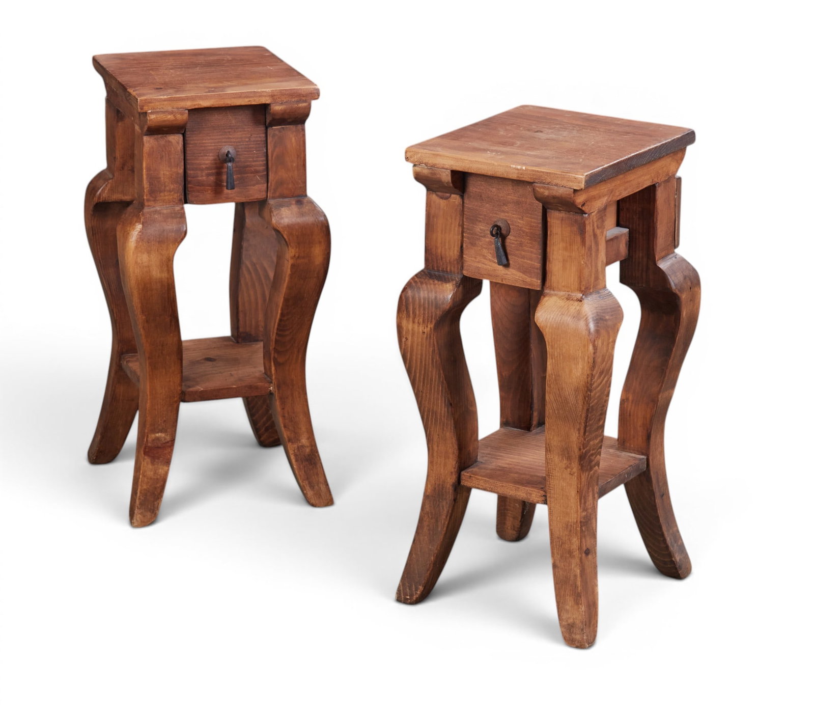 A pair of rustic side tables with drawer: A pair of rustic side tables with drawer height 22 x width 10 x depth 12 in. (55.9 x 25.4 x 30.5 cm.)