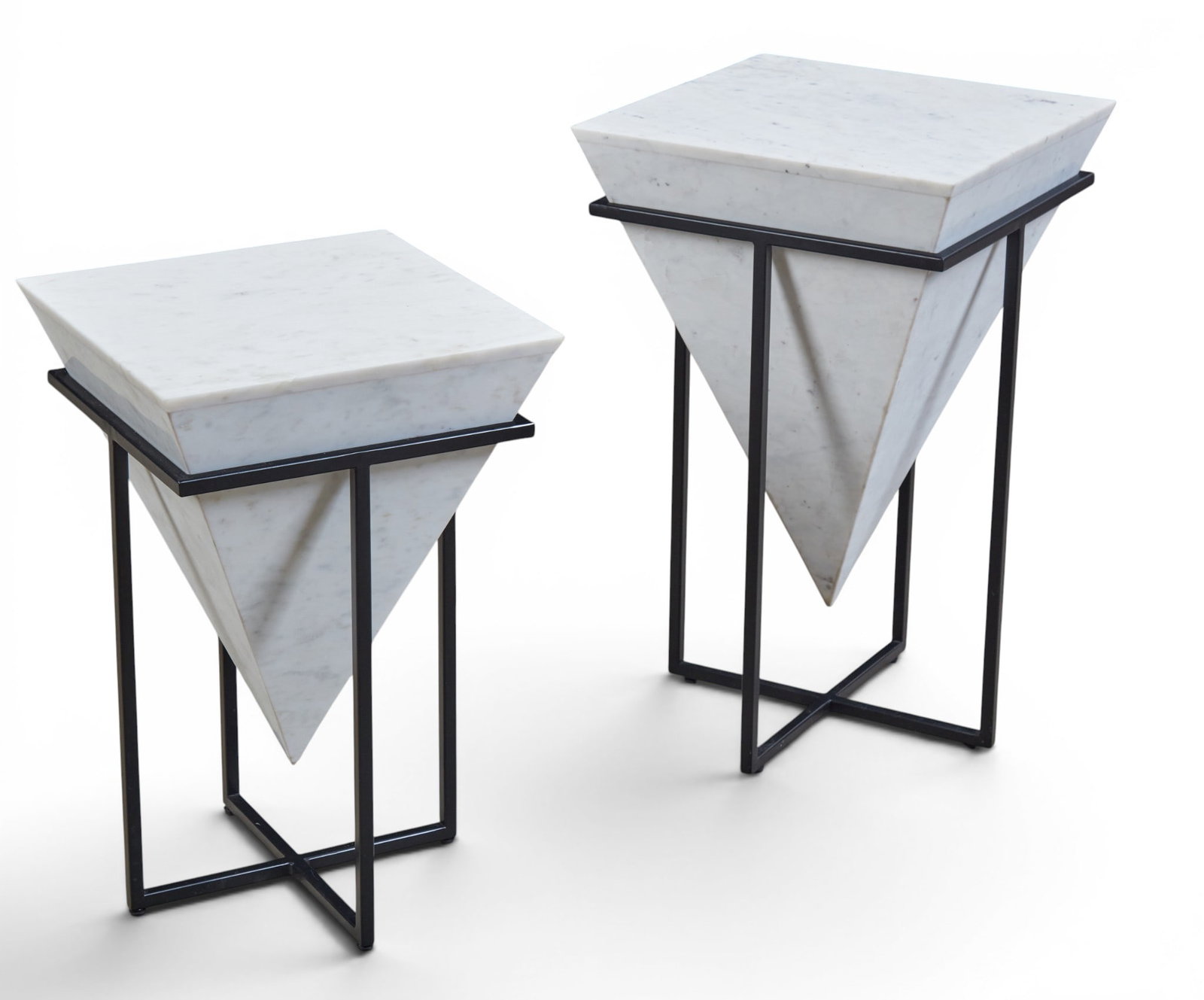 A pair of marble and metal side tables: A pair of marble and metal side tables Largest: height 27 x width 17 x width 17 in. (68.6 x 43.2 x 43.2 cm.)
