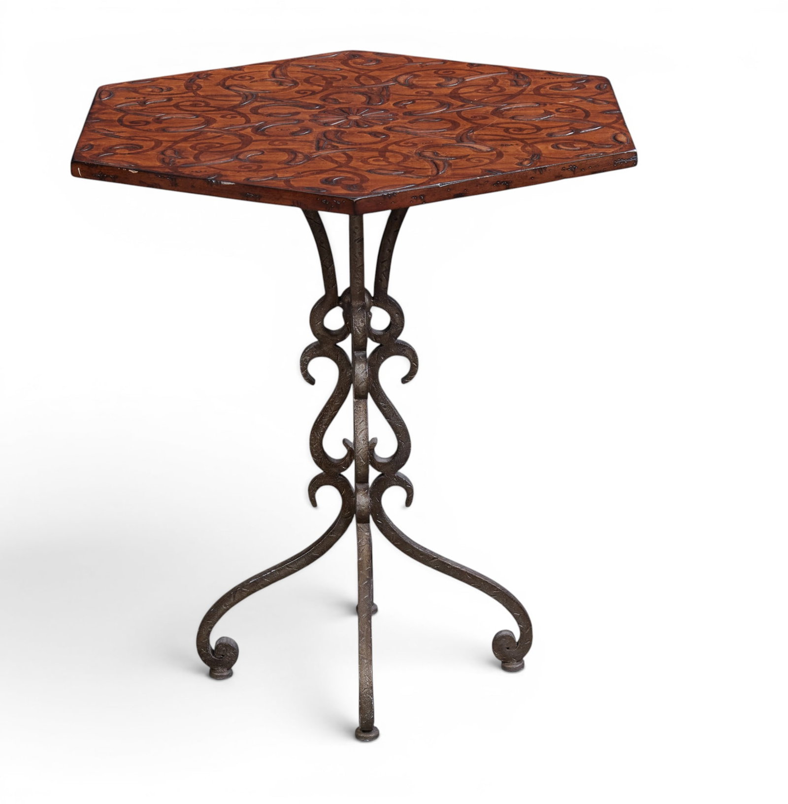 A rustic table with iron base: A rustic table with iron base height 28 x width 24 x depth 28 in. (71.1 x 61 x 71.1 cm.)
