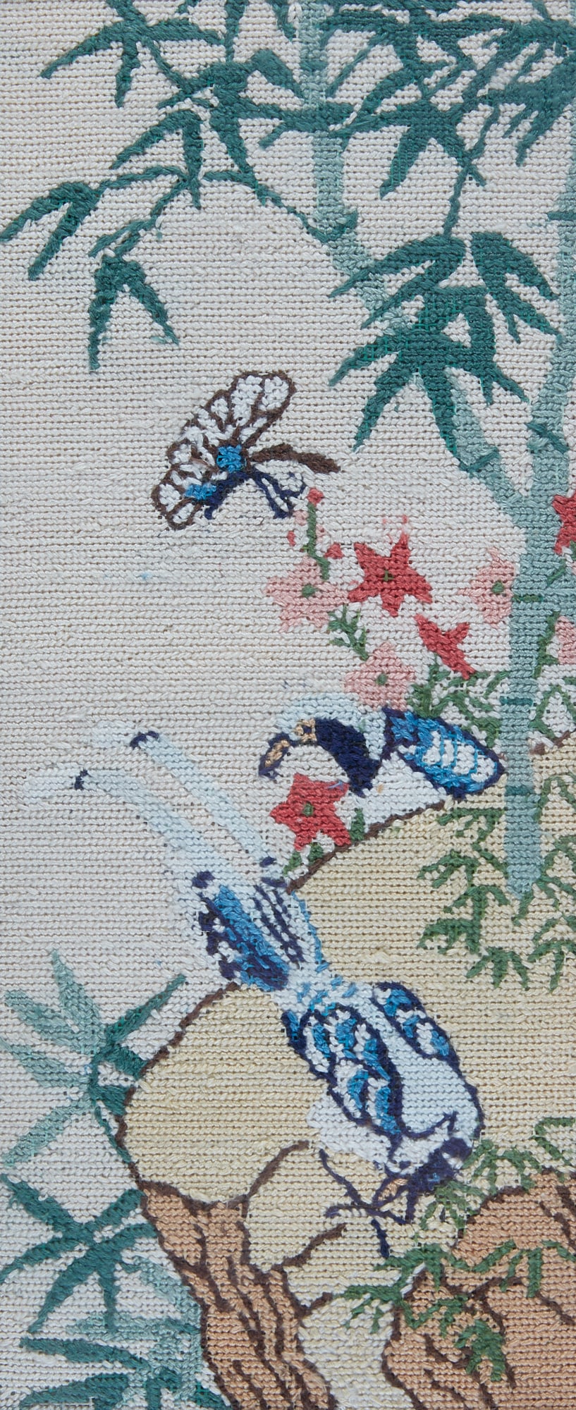 A large framed Asian needlepoint depicting birds, insects and flowers: A large framed Asian needlepoint depicting birds, insects and flowers 11 3/4 x 5in (30 x 12 .5cm)
