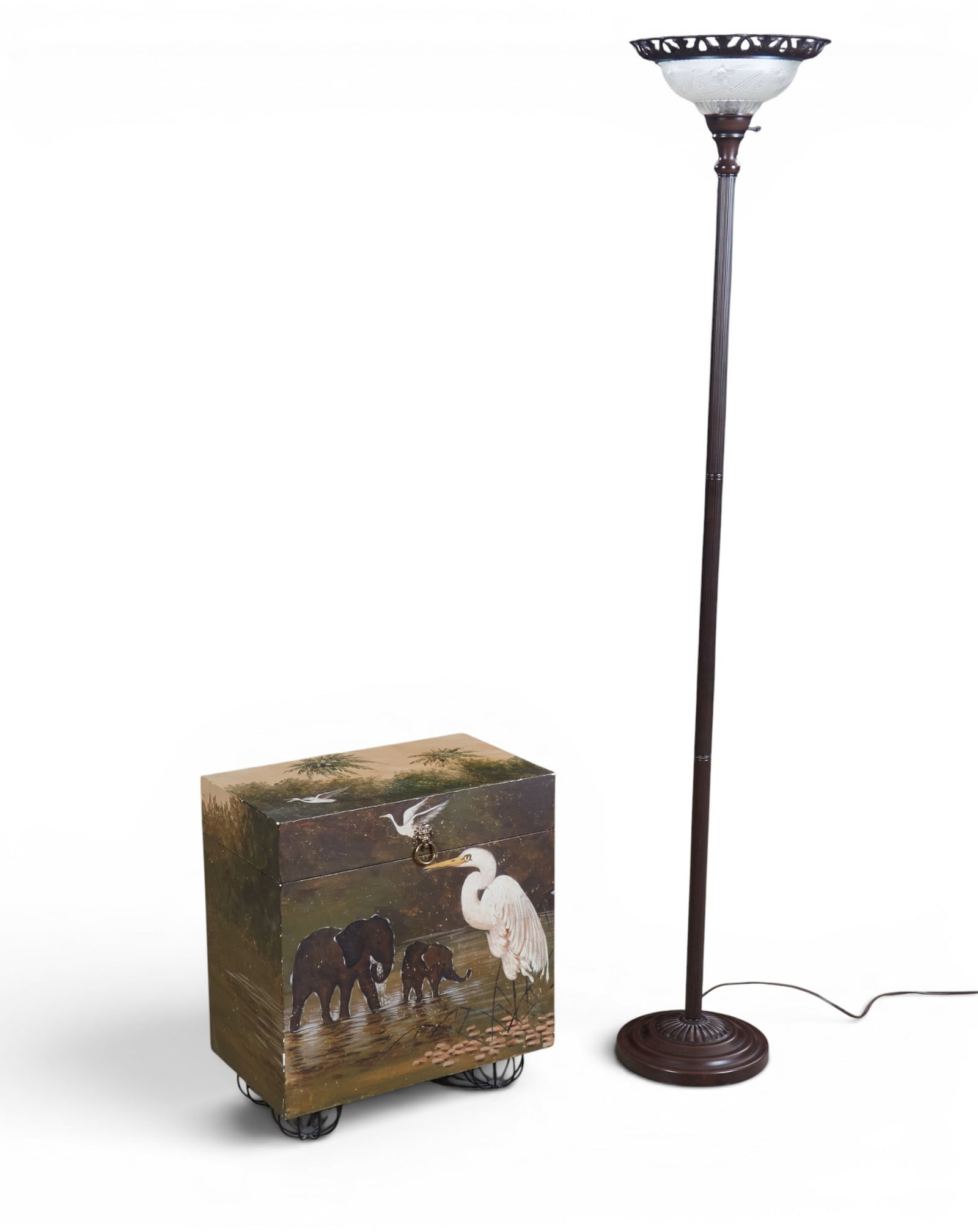 A painted trunk on stand together with metal floor lamp: A painted trunk on stand together with metal floor lamp Floor lamp: height 70 in. (177.8 cm.)