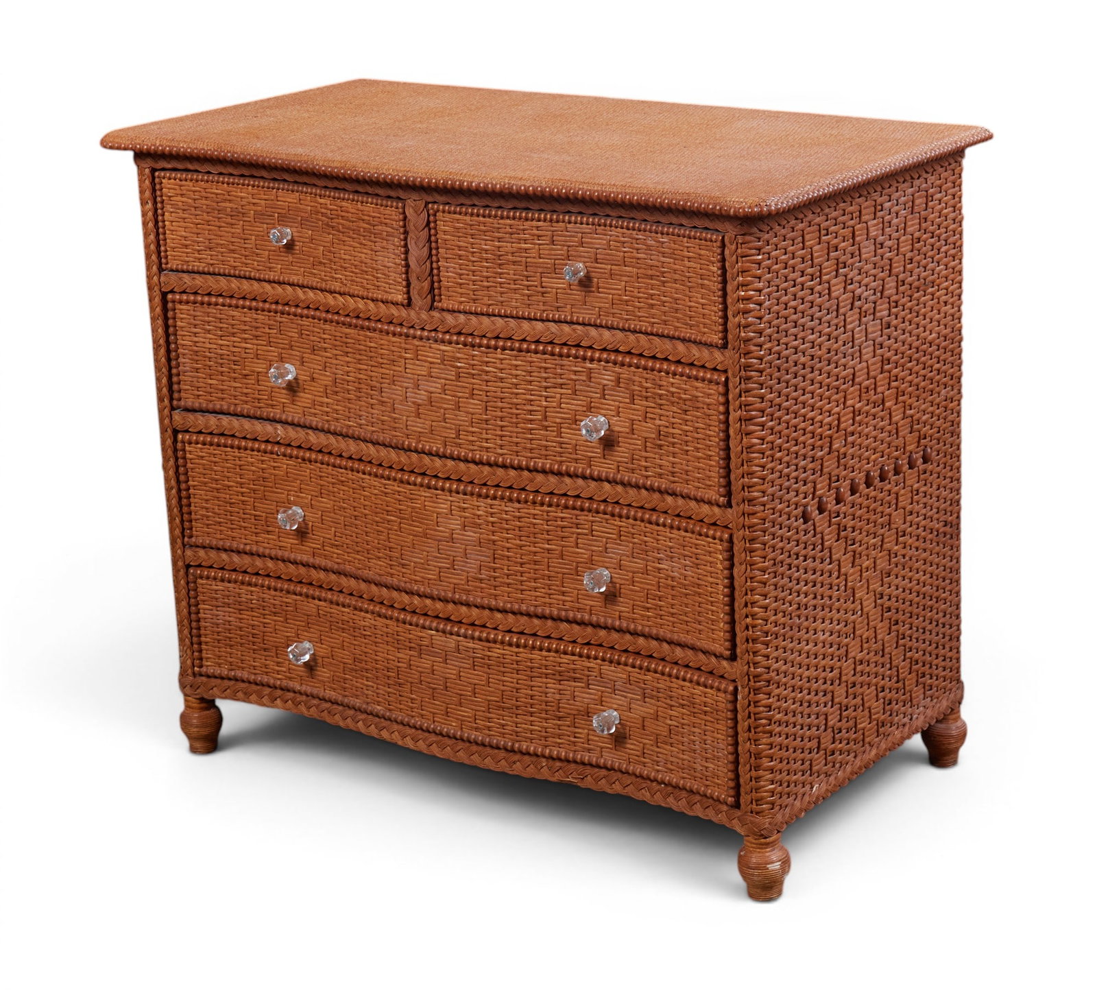 A woven wicker serpentine chest of drawers, modern: A woven wicker serpentine chest of drawers modern height 35 1/2in (90cm); width 41 1/2in (105cm); depth 23in (58.5cm)