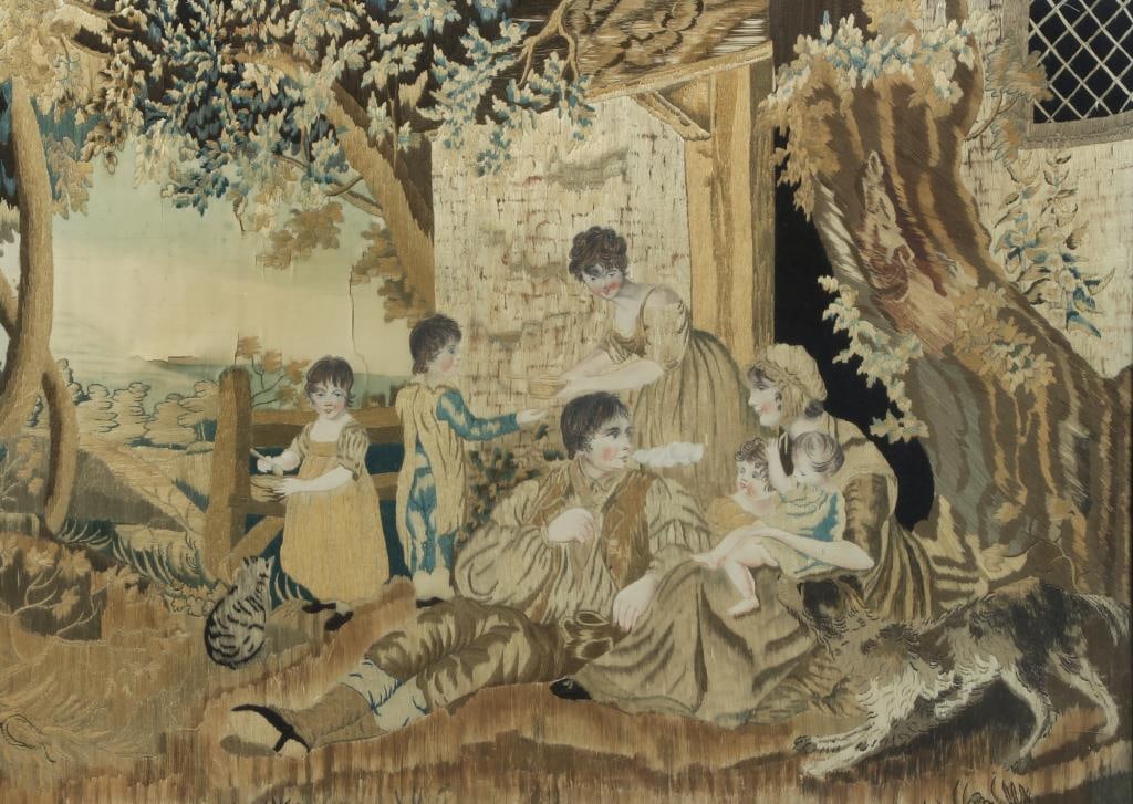 An English silkwork depiction of a family, 19th century: An English silkwork depiction of a family 19th century Within an eglomise border, inscribed SUMMER EVENING / C. L. VANCE. 17 x 23 1/2in (43 x 59.5cm)