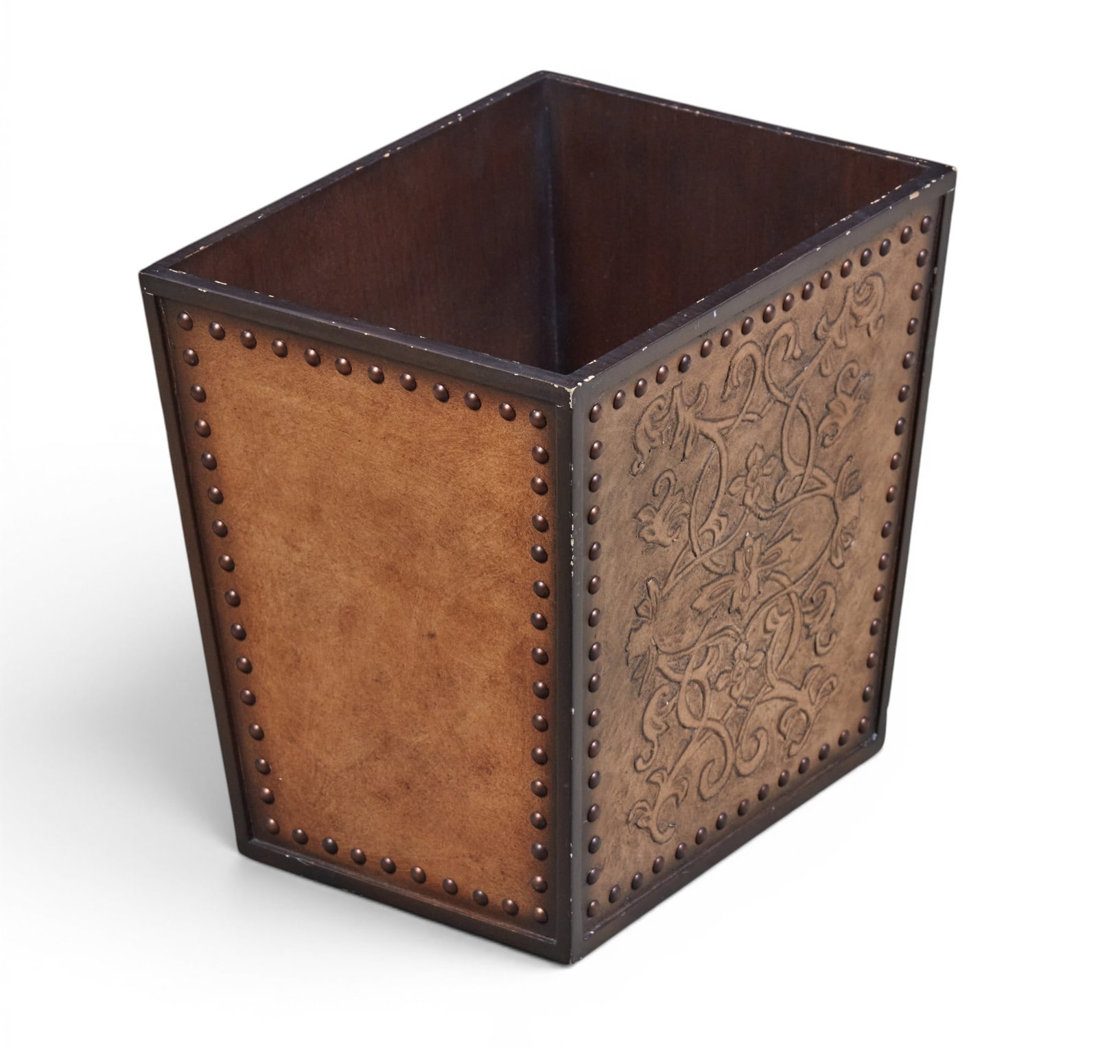 A decorated wooden bin: A decorated wooden bin Height 13in; Width 13in; Depth 11in