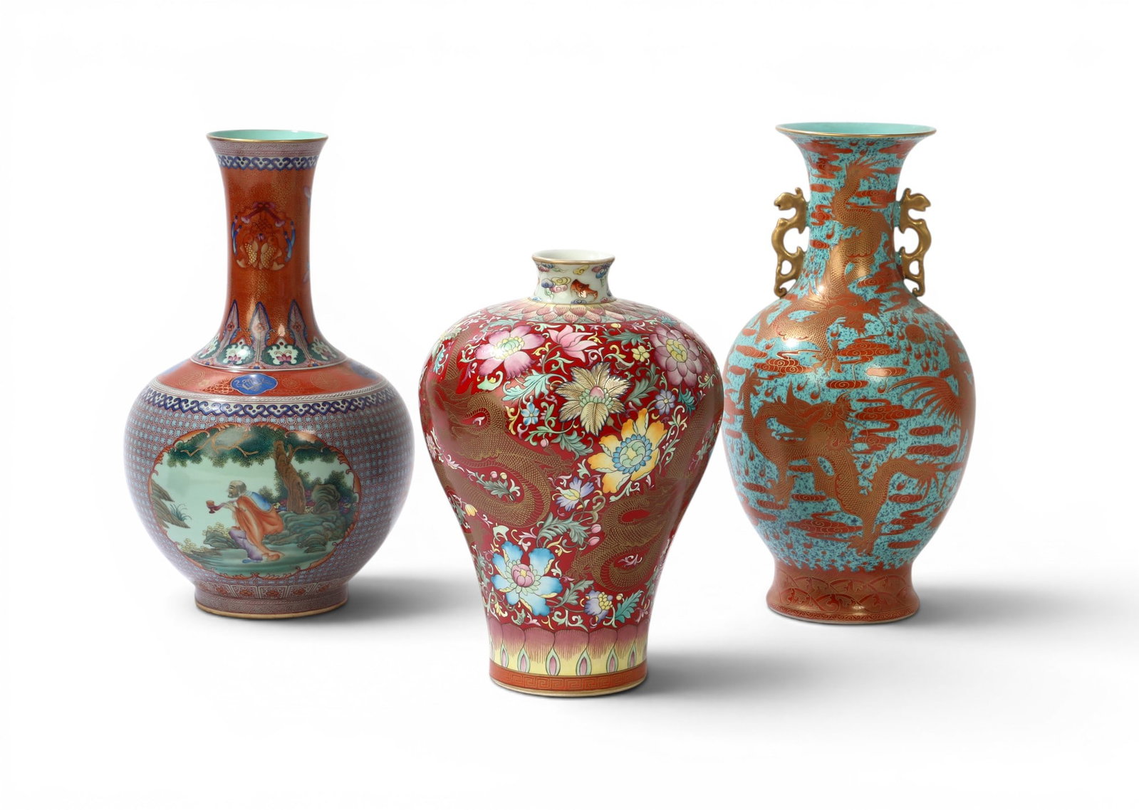 A group of three Chinese hand painted vases: A group of three Chinese hand painted vases Tallest: height 17 x diameter 9 in. (43.2 x 22.9 cm.)