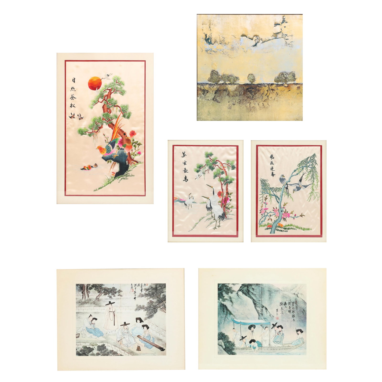 Six framed works: Six framed works lot includes two reproductions from the Chinese; three Chinese ilk embroidered decorative panels; and one mixed media on board landscape largest: 26 x 26in (66 x 66cm)