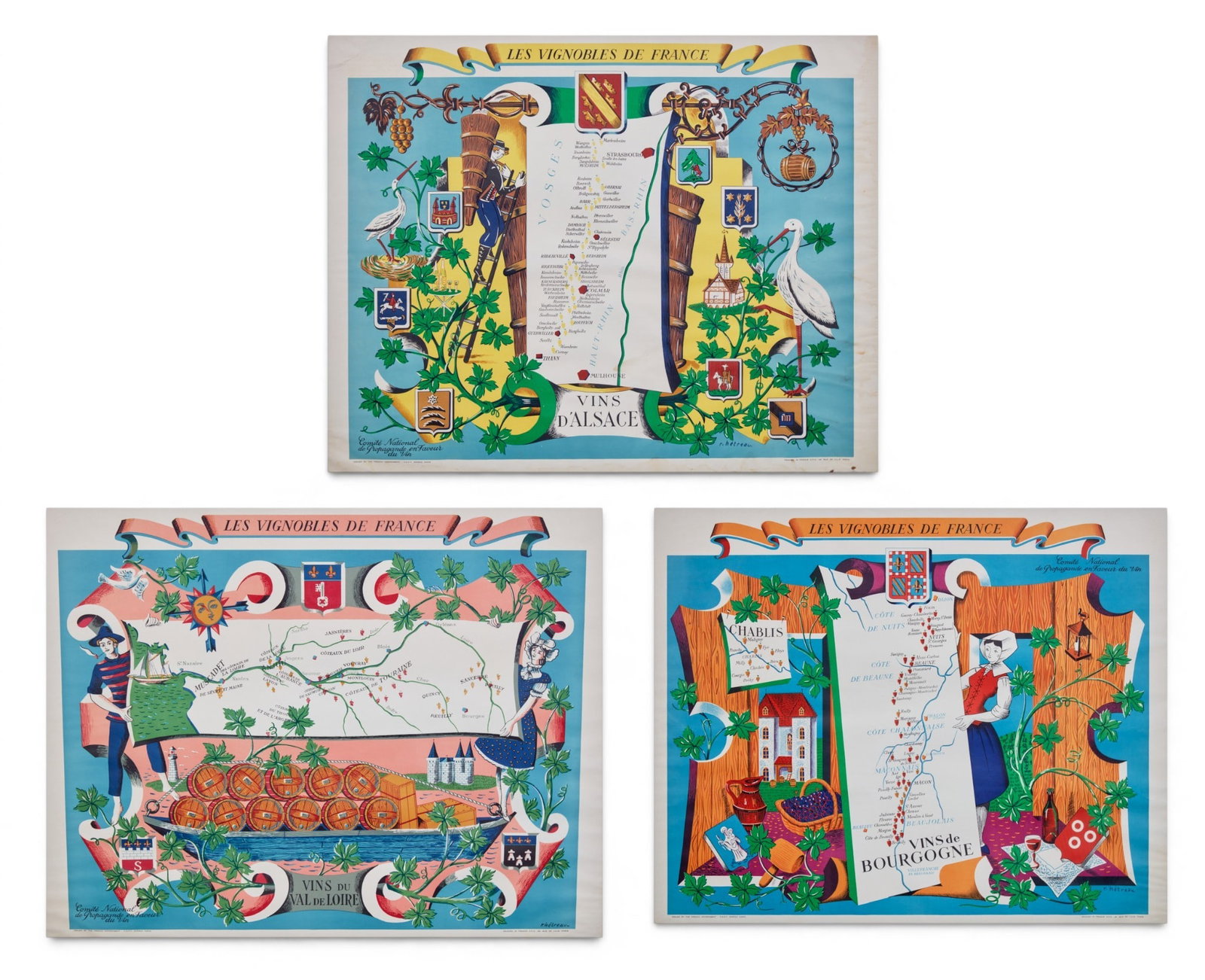 After Rémy Hétreau (France, 1913-2001), Les Vignobles de France; three illustrated maps, chromo: After Rémy Hétreau France 1913-2001 Les Vignobles de France; three illustrated maps chromo lithographs in color on wove paper lot includes three of the maps from his 1954 series: Vins d'Alsace;