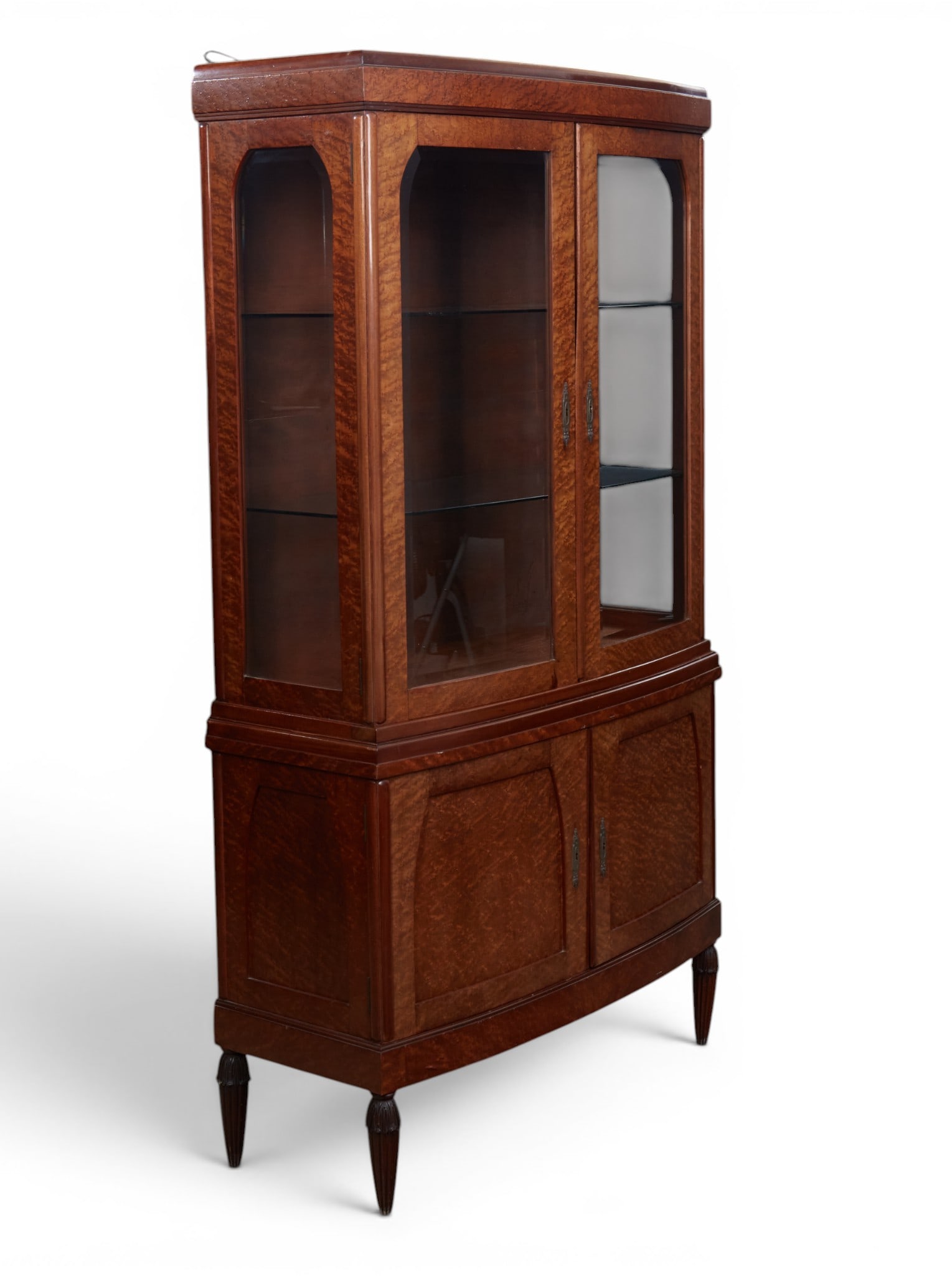 A burlwood two door cabinet with glass shelves (1 of 10)