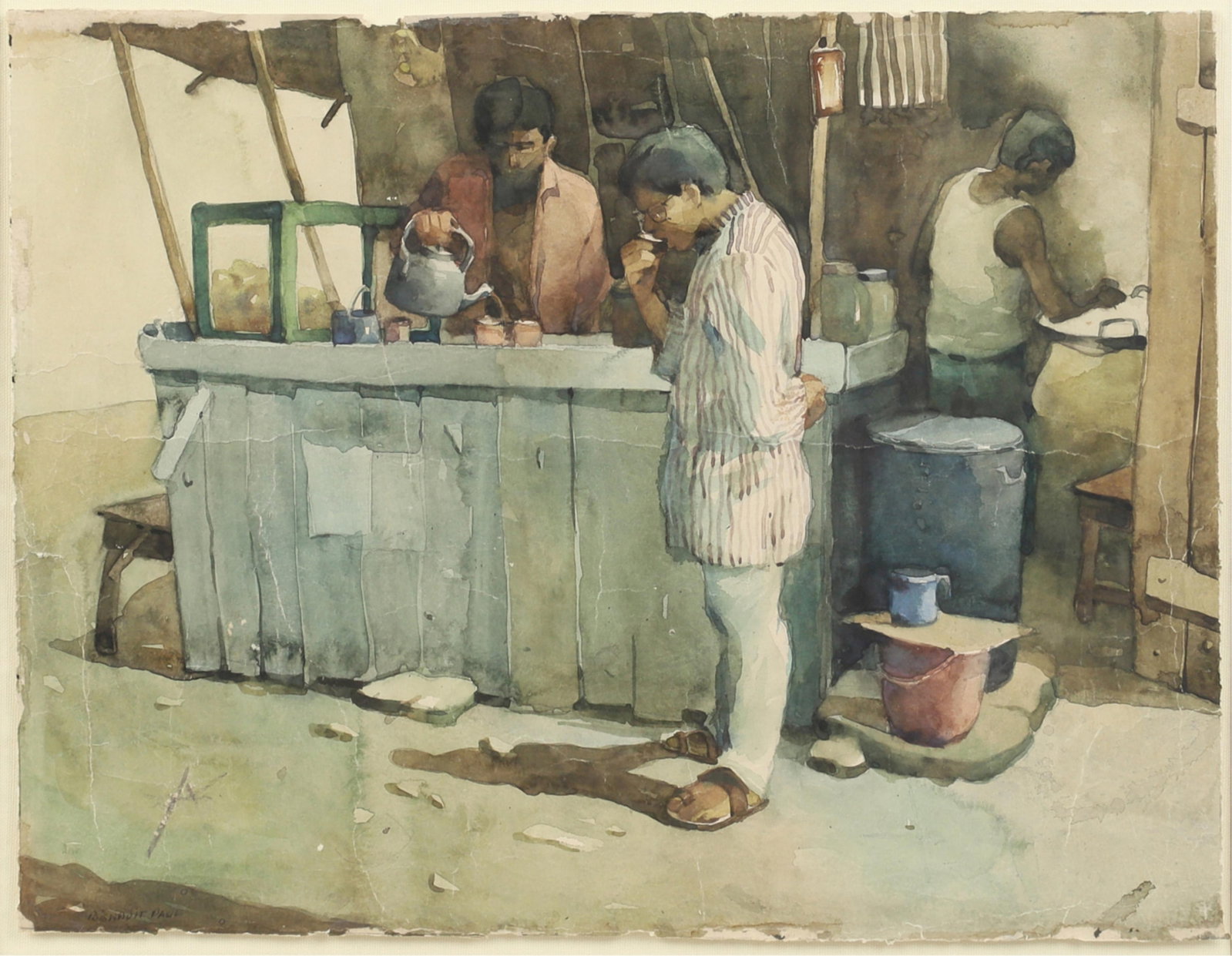 Biswajit Pawl (India, 20th century), Tea Stall, watercolor on artist board, 13 x 17in (33 x 43cm) (1 of 5)