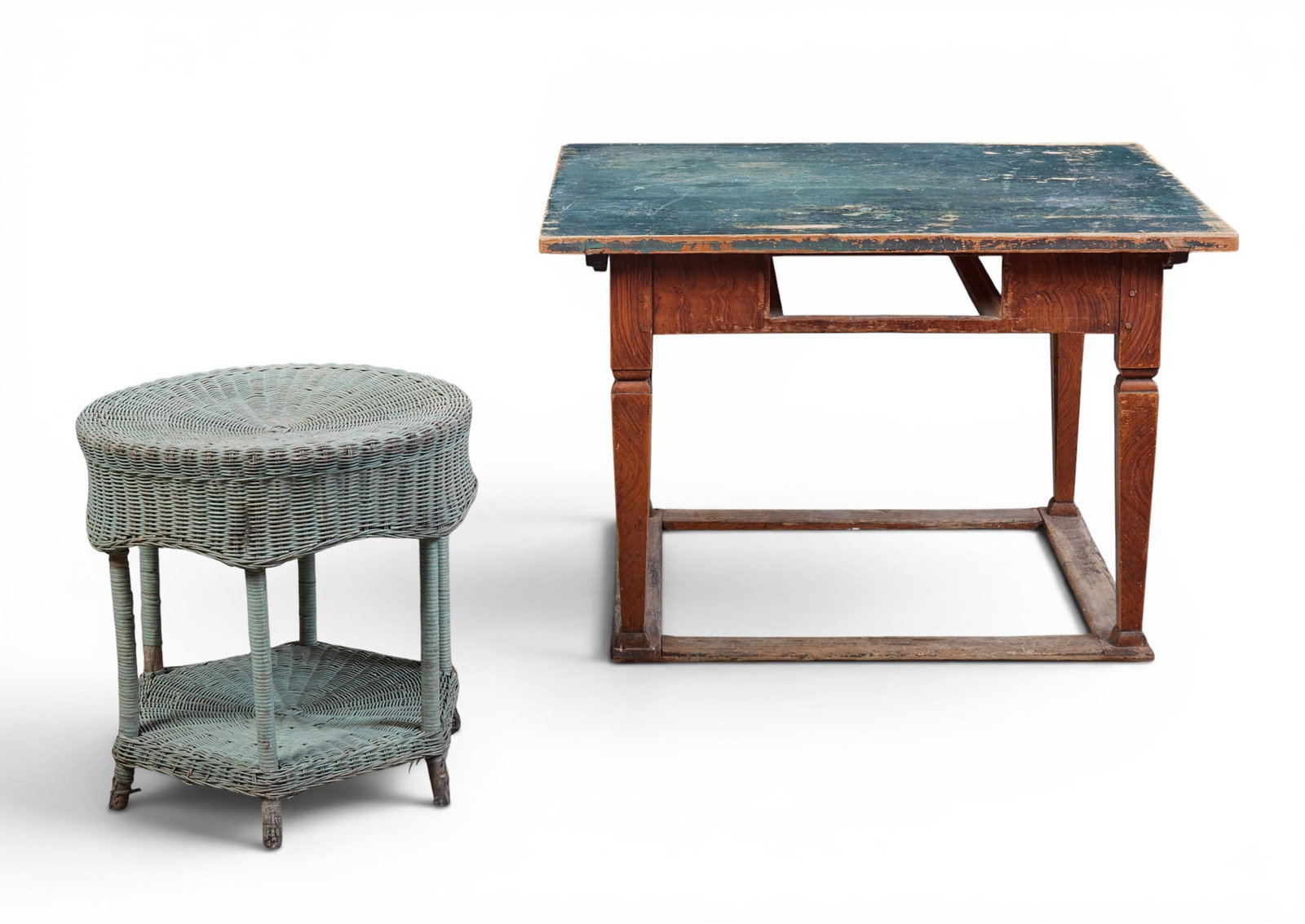 An American grain painted side table and a green painted wicker occasional table, 19th-20th century: An American grain painted side table and a green painted wicker occasional table 19th-20th century Side table lacking drawer, top loose. (2) larger height 28in (71cm); width 42 1/2in (108cm); depth 36