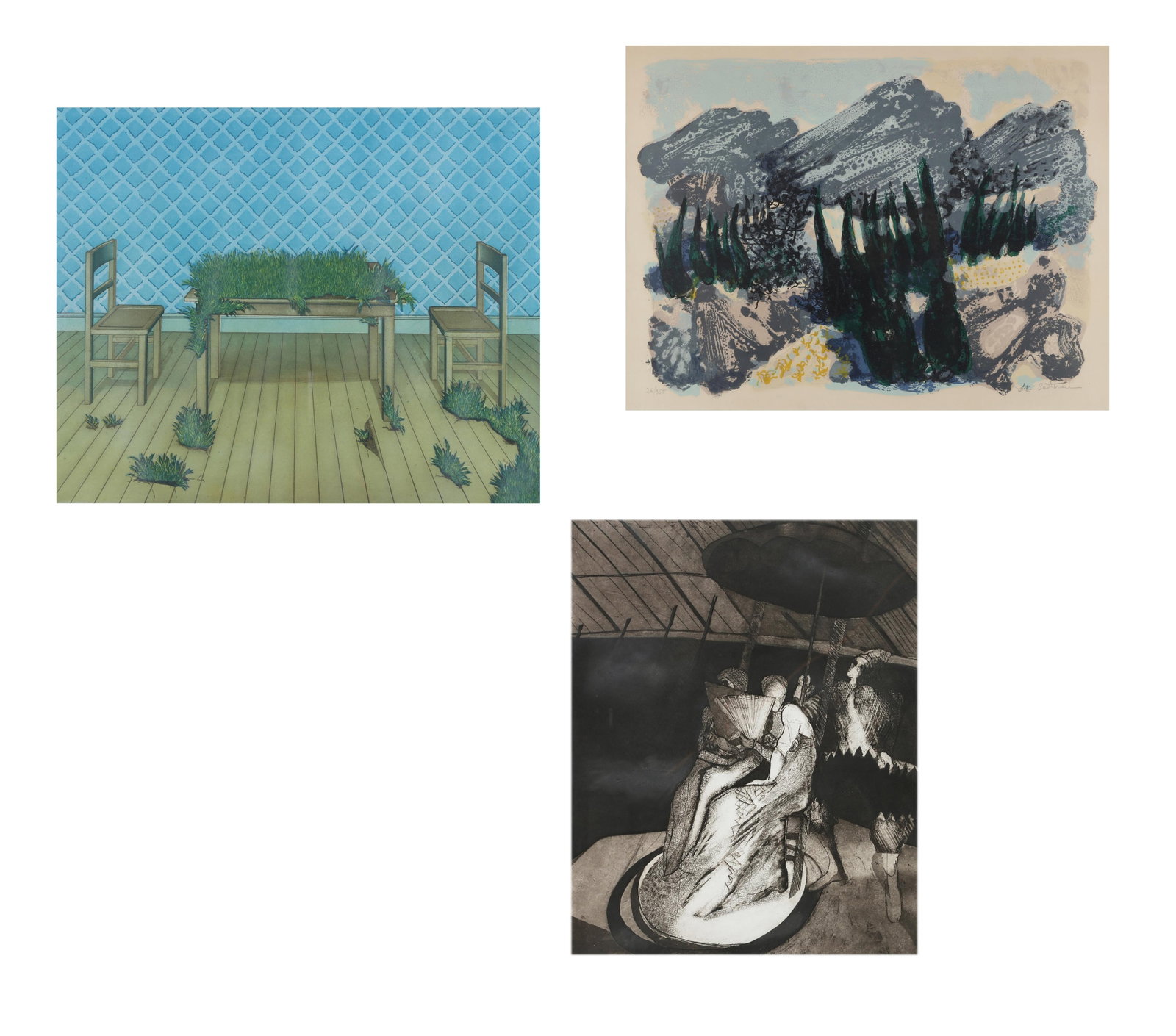 A group of three framed prints, Sarthou, Gwynne, and Webendorfer, 20th century: A group of three framed prints, Sarthou, Gwynne, and Webendorfer 20th century lot includes: 1. Maurice Elie Sarthou (1911-1999) Paysage lithograph in colors on wove paper editioned and signed 26/350. 