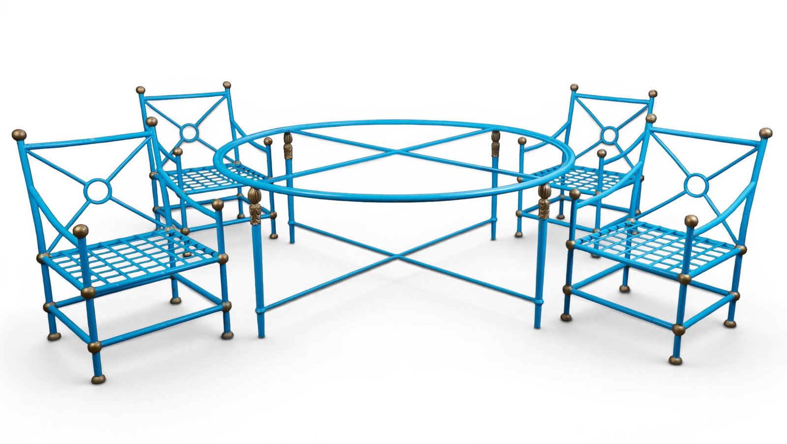 A blue painted iron five piece outdoor set in the style of mario papperzini for salterini: A blue painted iron five piece outdoor set in the style of mario papperzini for salterini round table lacking glass top and four arm chairs. Chair: height 37 x width 23 x depth 26 in. (94 x 58.4 x 66