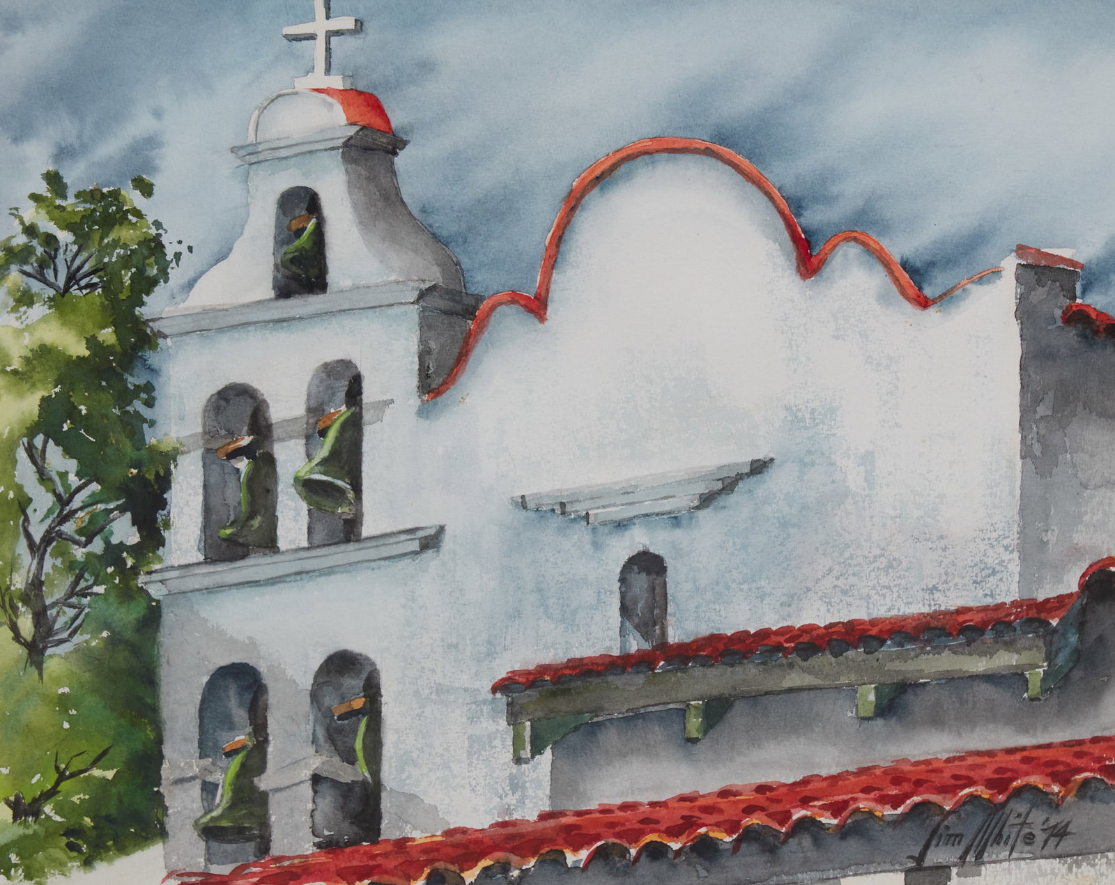 Jim White (American, 20th century), Mission San Diego de Alcalá, 1974, watercolor on paper, 19 x: Jim White American 20th century Mission San Diego de Alcalá, 1974 watercolor on paper signed and dated to lower right 19 x 24in (48 x 61cm)