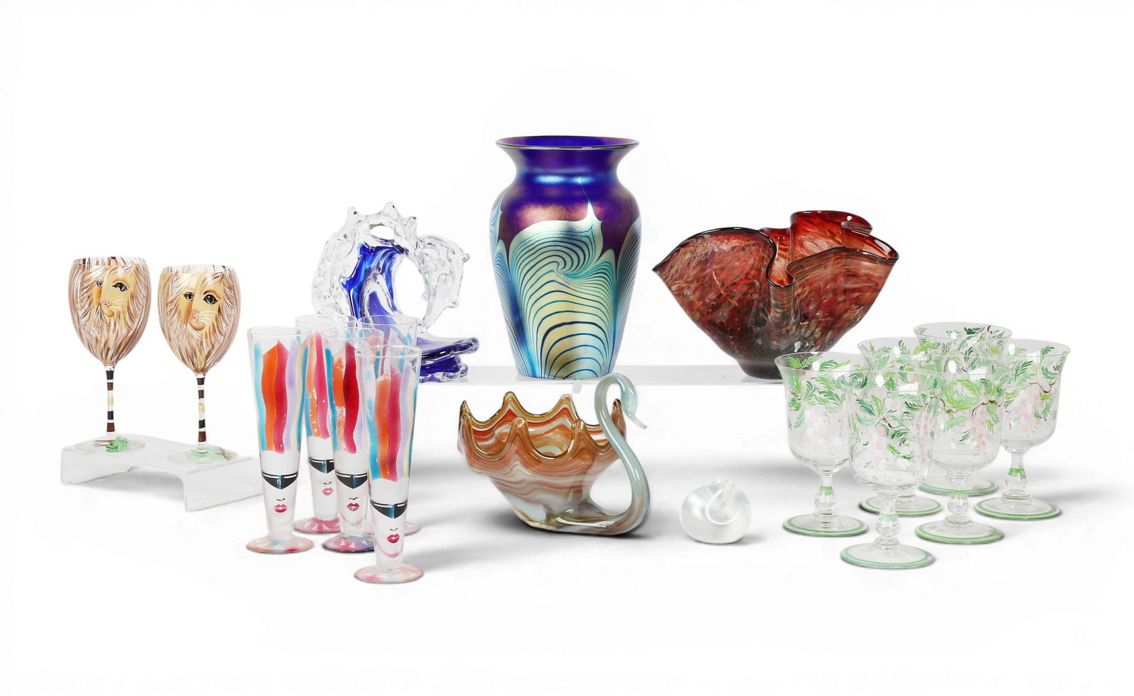 An assembled collection of colored studio art glass and painted clear glass stemware, mid 20th (1 of 4)