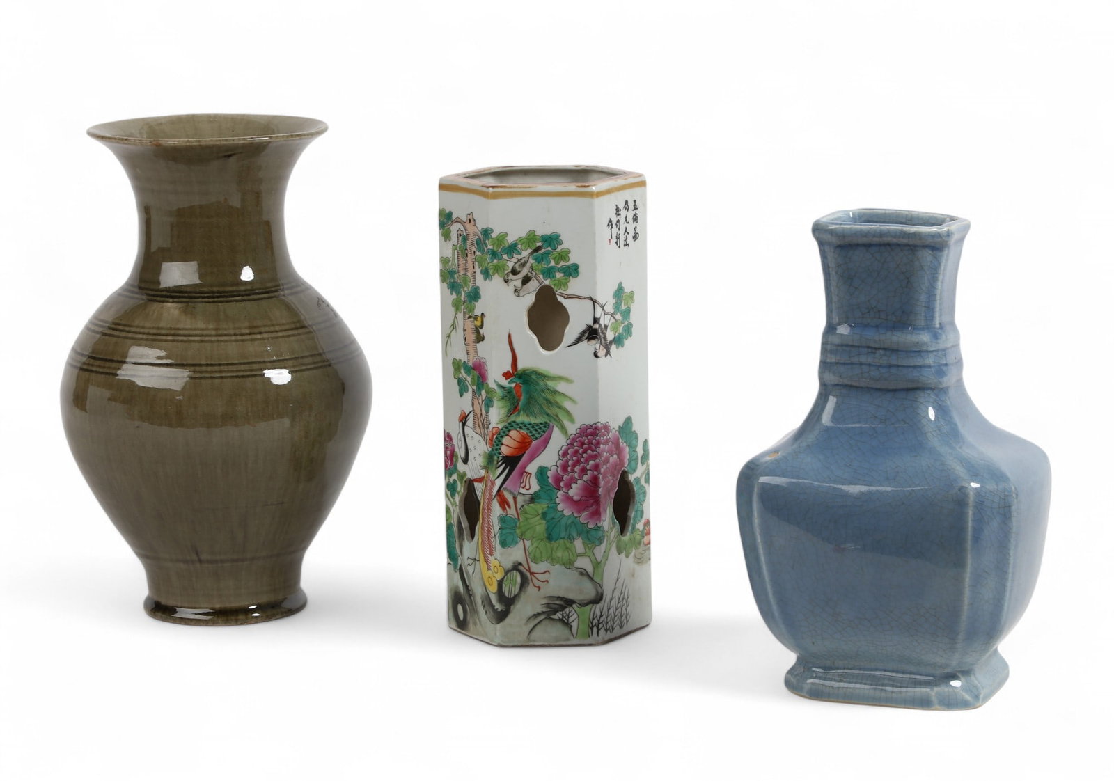A group of three Chinese vases: A group of three Chinese vases Tallest: height 13 x diameter 7 1/2 in. (33 x 19.1 cm.)