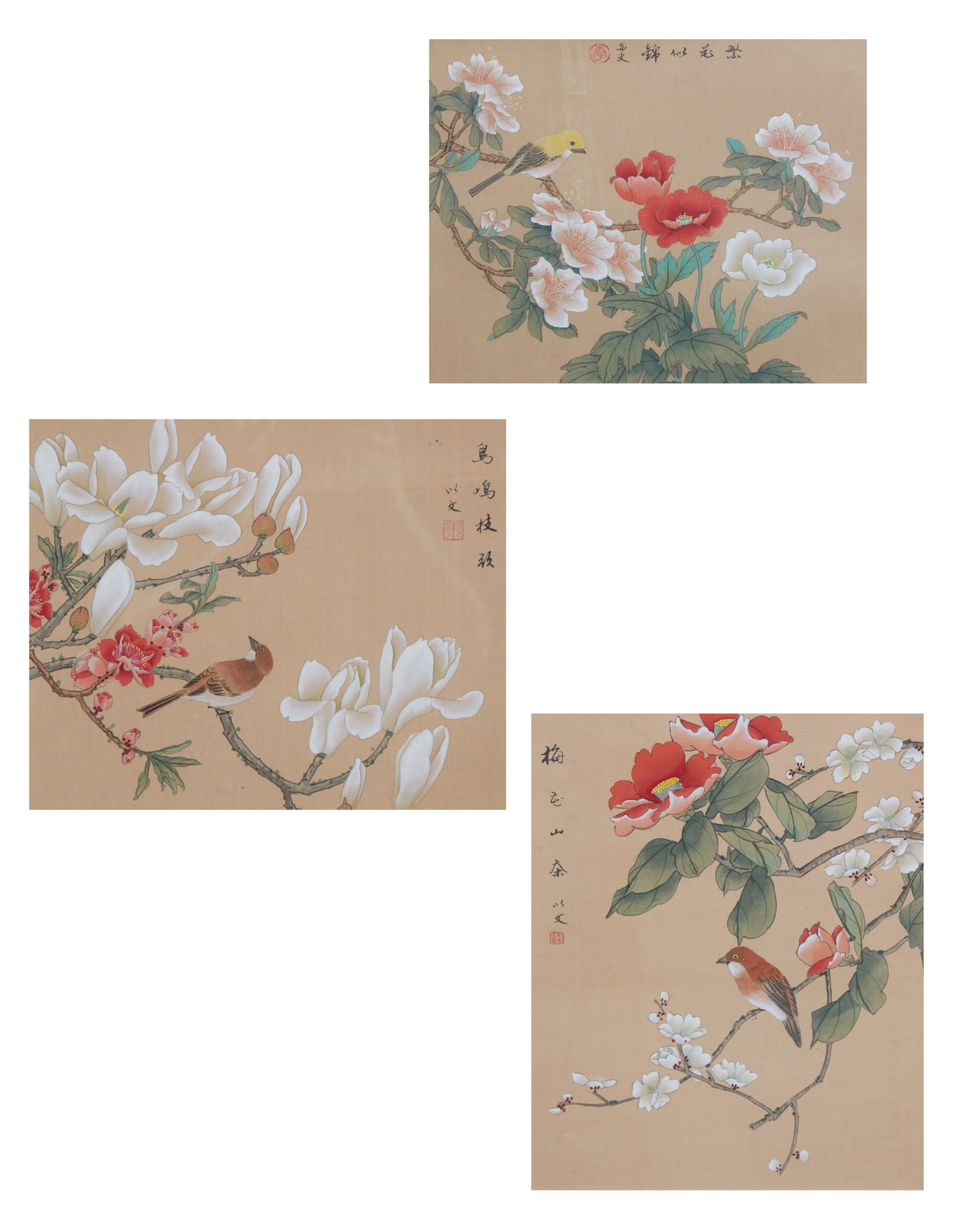 Three Chinese bird-and-flower works on silk: Three Chinese bird-and-flower works on silk lot includes three gouache and watercolor paintings in the traditional Chinese bird-and-flower manner of painting, to beautifully capture the harmony of