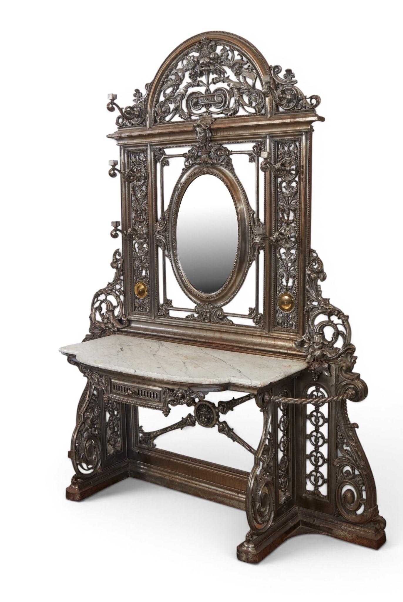 A Victorian cast iron hall stand with marble top: A Victorian cast iron hall stand with marble top height 84 x width 68 x depth 25 in. (213.4 x 172.7 x 63.5 cm.)