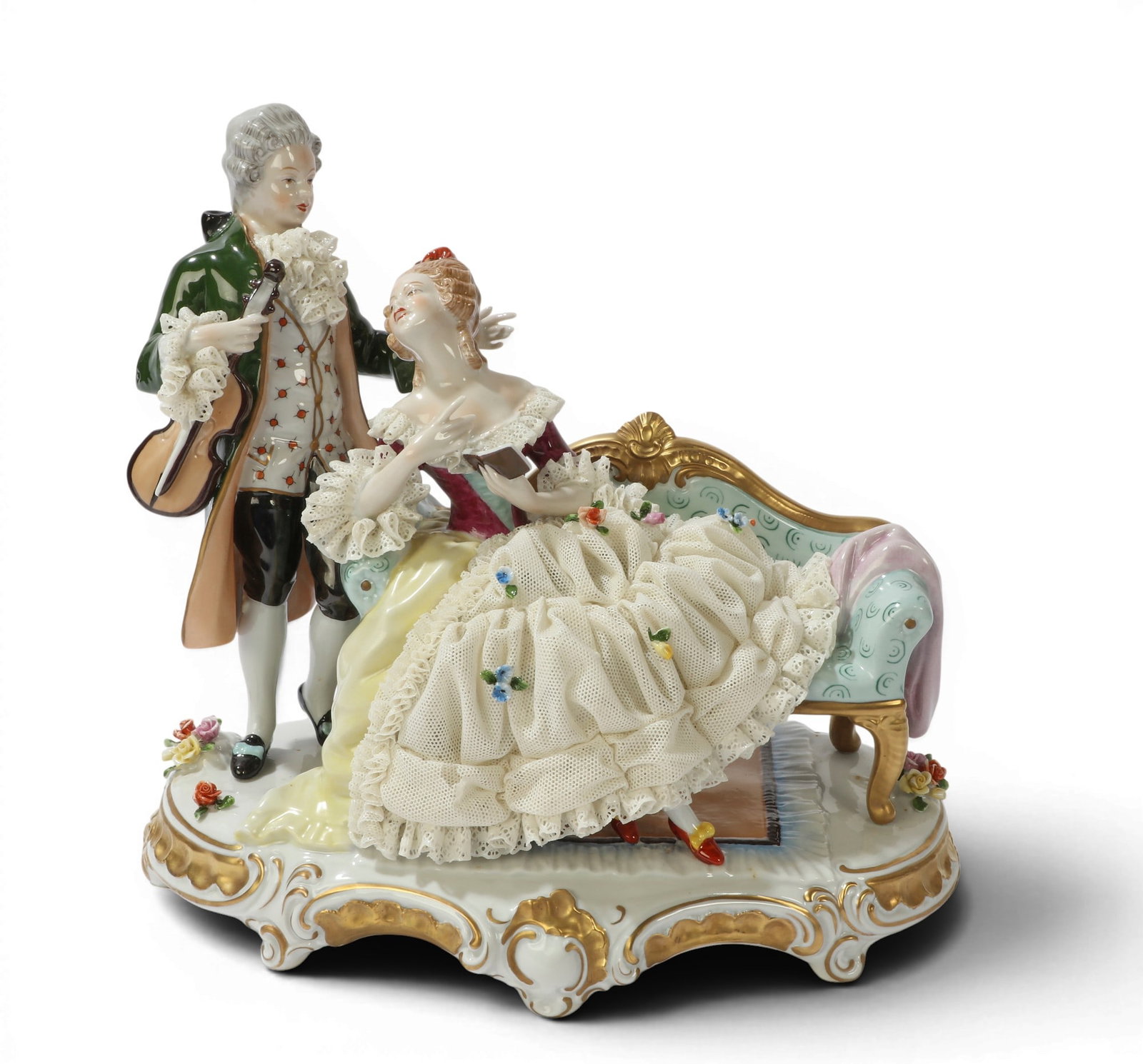 A German porcelain figural group, Unterwiessbach, mid 20th century: A German porcelain figural group Unterwiessbach mid 20th century With blue factory stamp to underside. height 9 3/4in (24.8cm); width 10 3/4in (27cm); depth 6in (15.2cm)