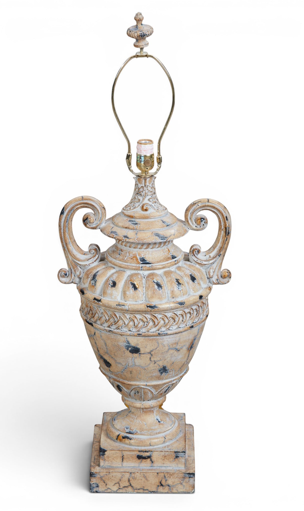 A faux painted urn shape table lamp with shade together with a pair of metal table lamps (1 of 4)