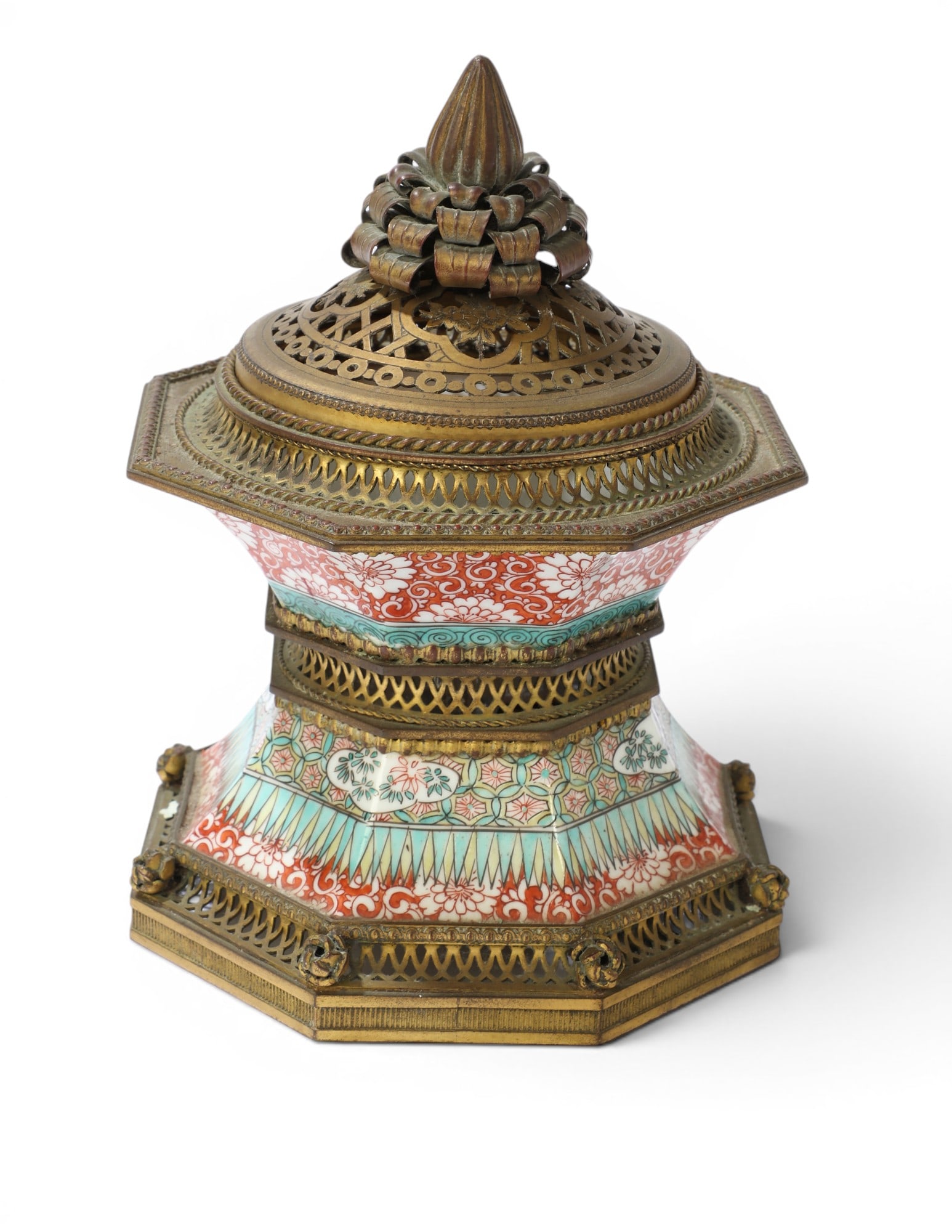 A porcelain and gilt metal lamp: A porcelain and gilt metal lamp height 8 x diameter 6 in. (20.3 x 15.2 cm.)