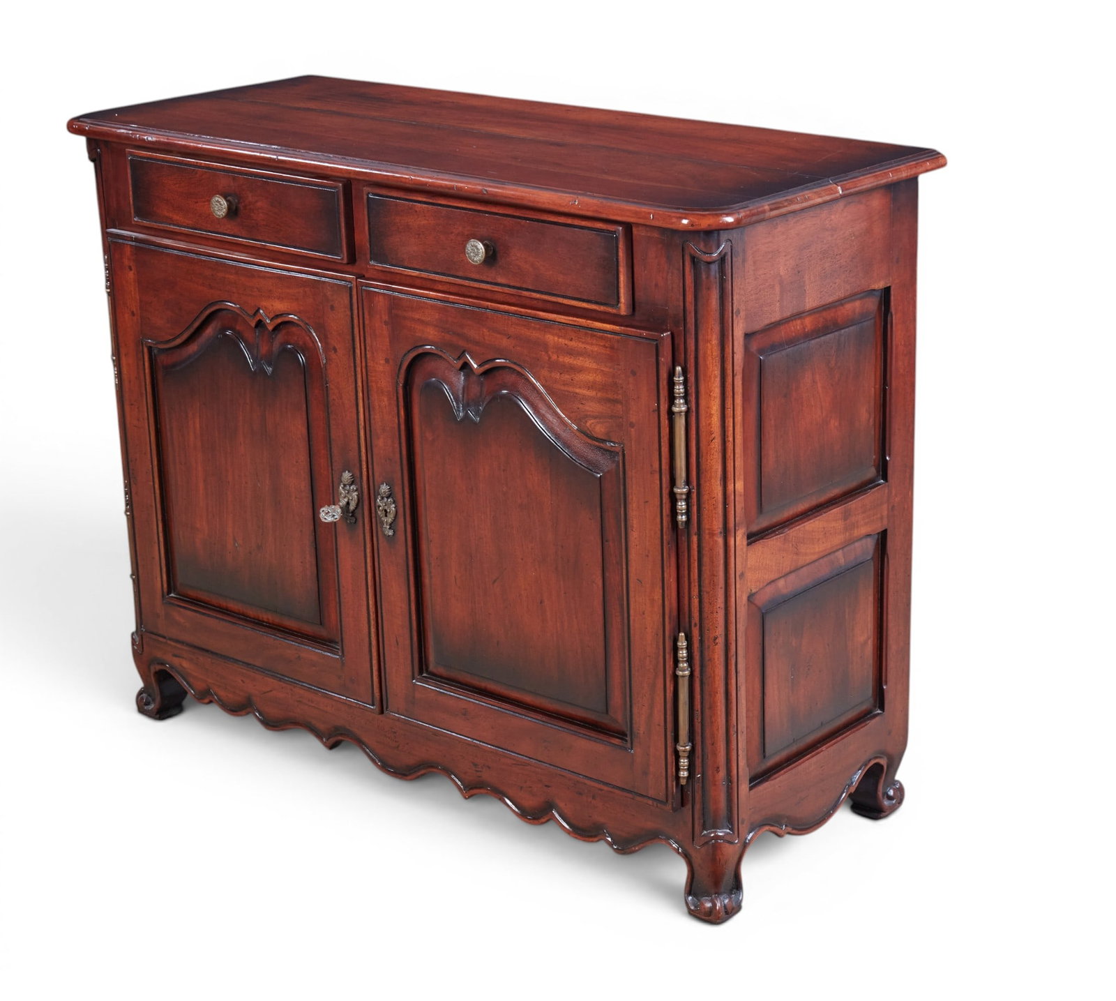 A french provincial style buffet cabinet: A french provincial style buffet cabinet height 36 x width 46 x depth 19 in. (91.4 x 116.8 x 48.3 cm.)