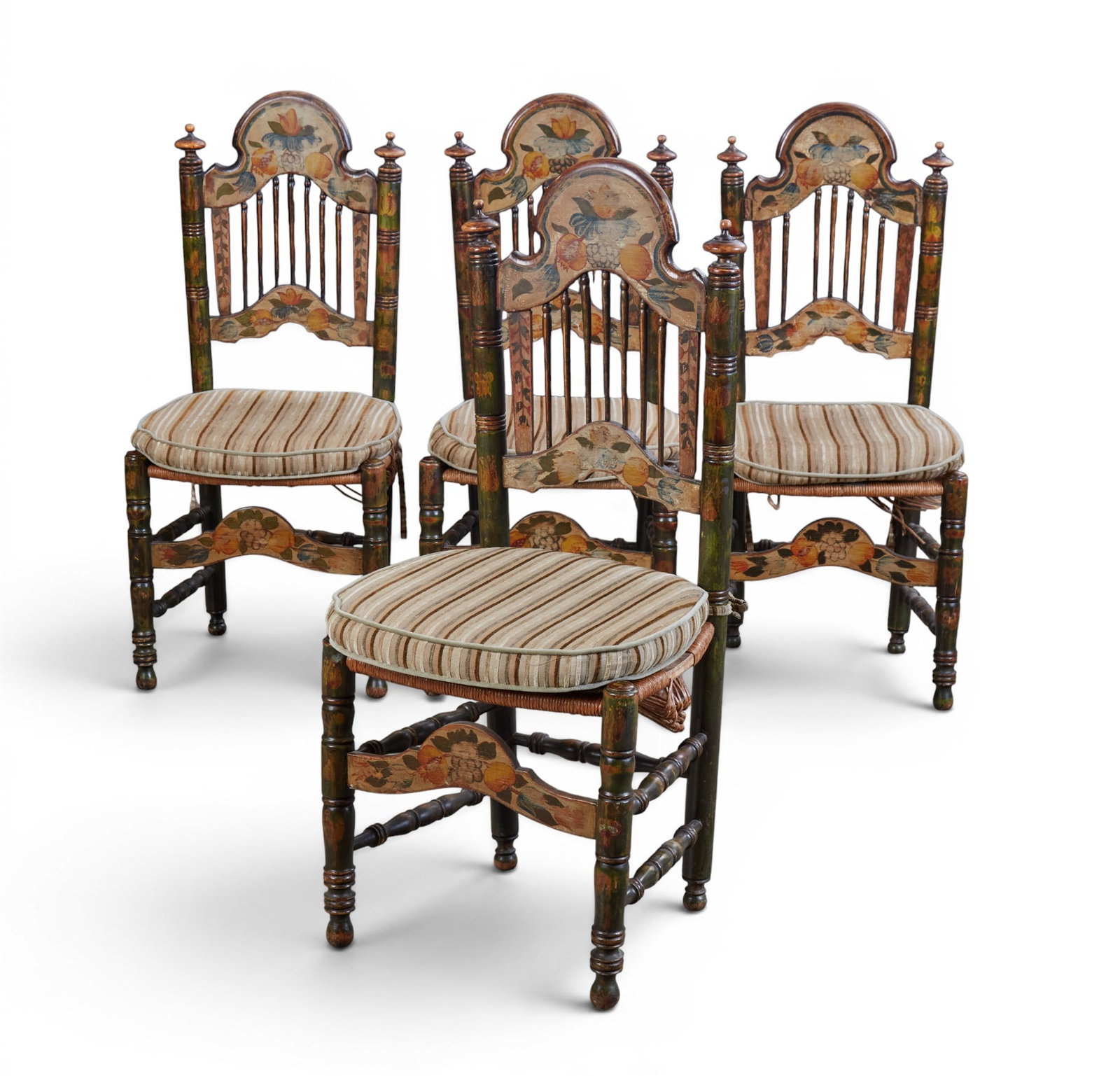 A set of four painted side chairs: A set of four painted side chairs height 44 x width 20 x depth 16 in. (111.8 x 50.8 x 40.6 cm.)