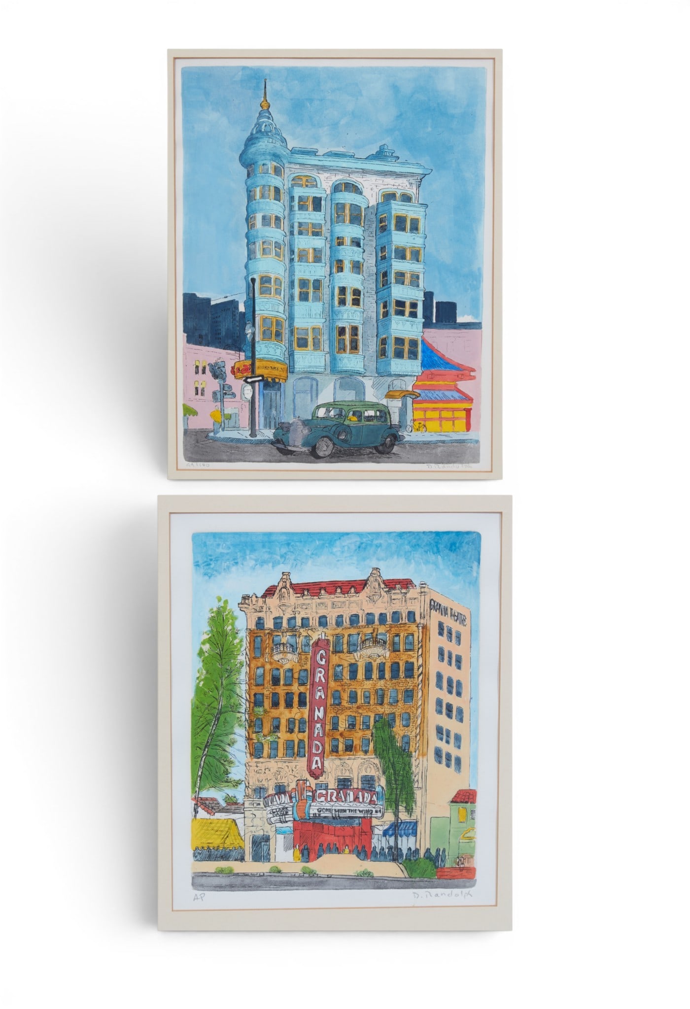 Daniel Randolph (American, 20th century), Two California landmarks: The Granada Theater, Santa: Daniel Randolph American 20th century Two California landmarks: The Granada Theater, Santa Barbara; and The Sentinel Building, San Francisco hand colored etchings on wove paper one edtioned 94/100