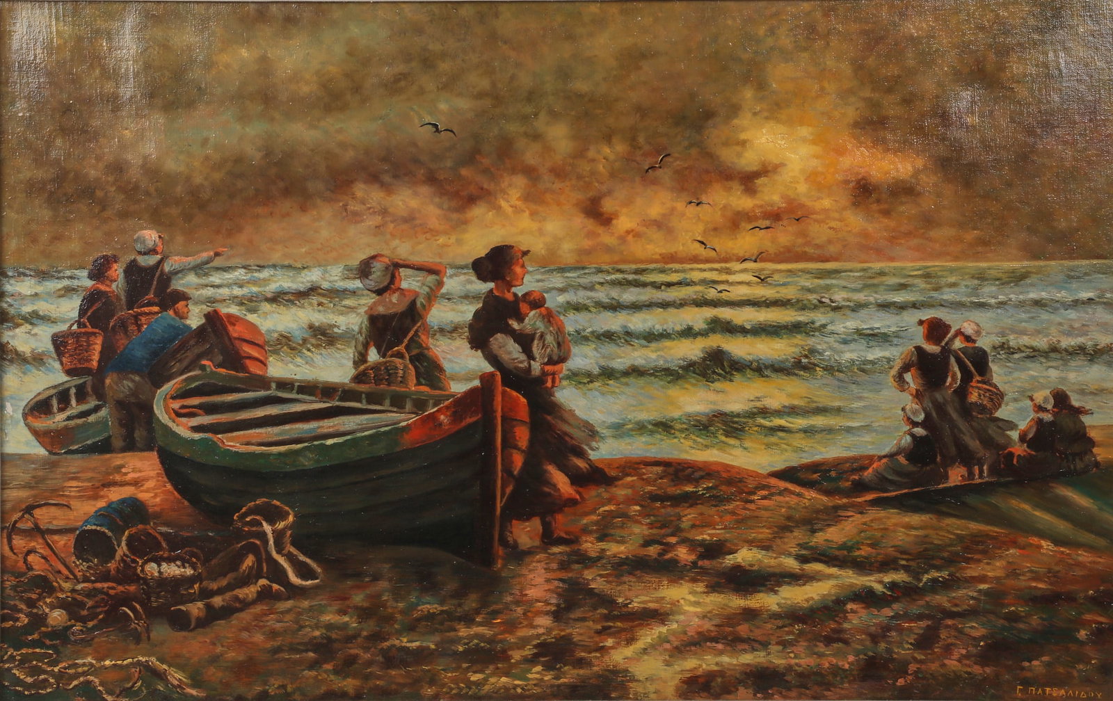 G. Patsalidou (Greek, 20th century), Untitled, Waiting for the last fisherman, oil on canvas, 21 x: G. Patsalidou Greek 20th century Untitled, Waiting for the last fisherman oil on canvas signed to lower right 21 x 33in (53 x 84cm)