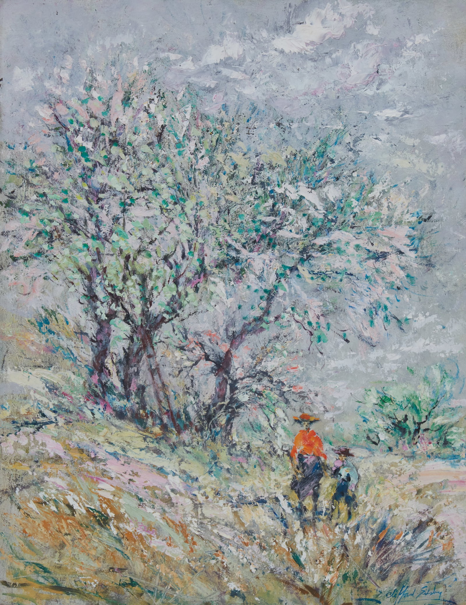 Clifford Silsby (American, 1896-1986), Untitled, orchard, oil on canvas laid to board, 25 1/2 x 19: Clifford Silsby American 1896-1986 Untitled, orchard oil on canvas laid to board signed to lower right 25 1/2 x 19 1/2in (65 x 49.5)