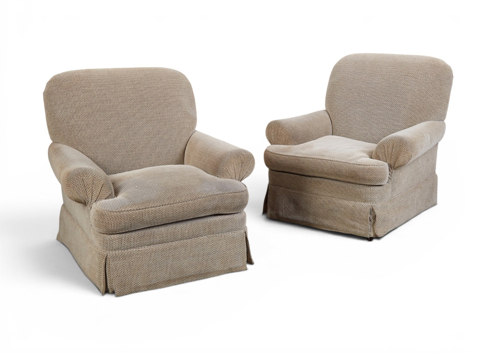 A pair of kreiss upholstered armchairs: A pair of kreiss upholstered armchairs height 41 x width 40 x depth 36 in. (104.1 x 101.6 x 91.4 cm.)