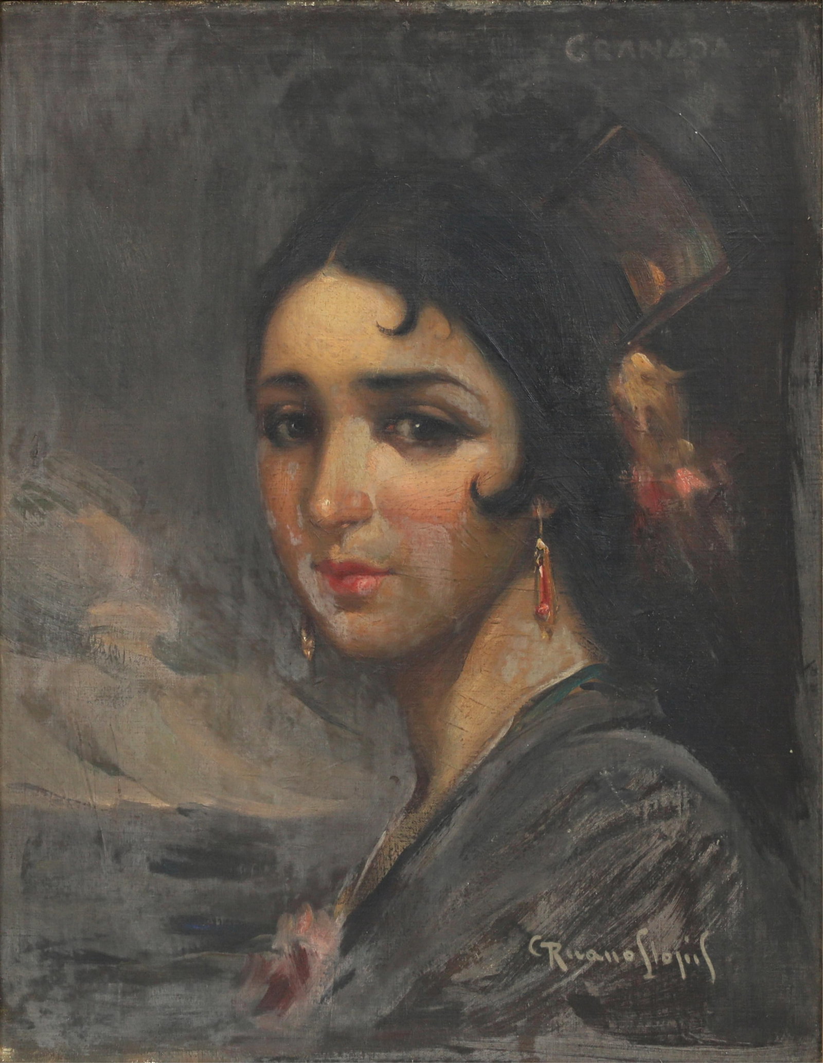 Carlos Ruano Llopis (Spain, 1878-1950), La Gitana, oil on board, 18 x 14in (46 x 36cm): Carlos Ruano Llopis Spain 1878-1950 La Gitana oil on board signed to lower right, Granada to upper right 18 x 14in (46 x 36cm)