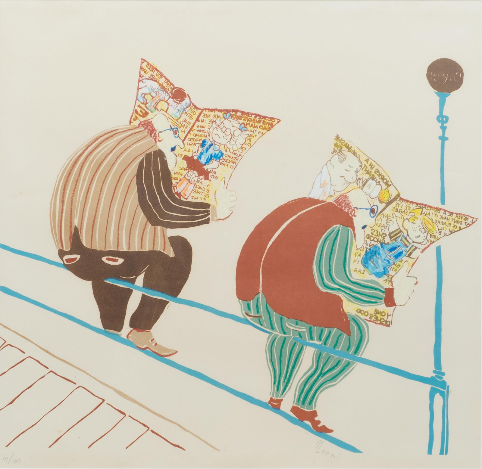 Neomi (unknown, 20th century), Sunday funnies, lithograph in colors with hand highlighting on wove: Neomi unknown 20th century Sunday funnies lithograph in colors with hand highlighting on wove paper editioned 41 /100 and signed Neomi 19 1/2 x 20in (49 1/2 x 50cm)