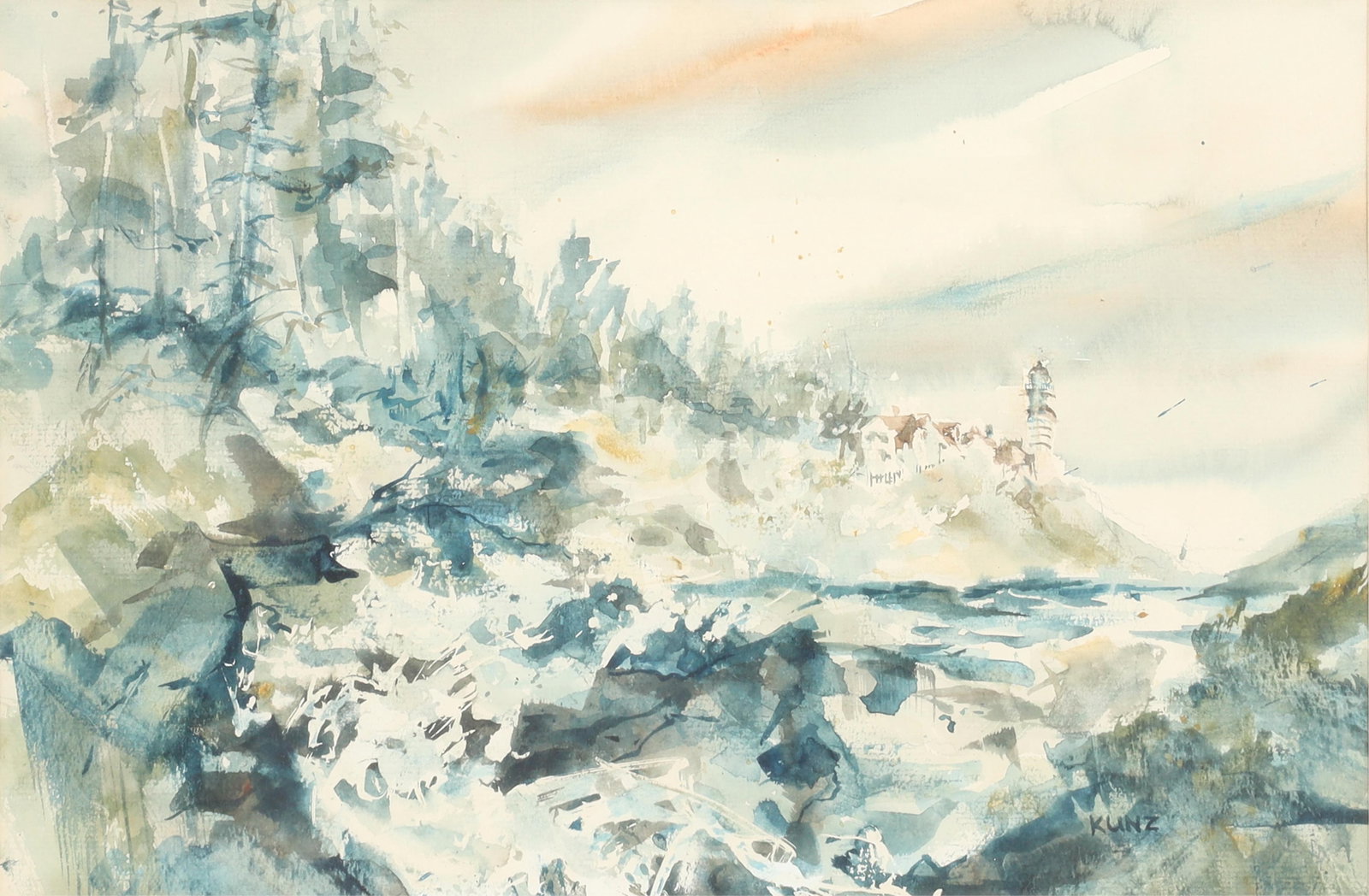 Sandra Thurber Kunz (American, 20th century), Untitled, lighthouse, watercolor on wove paper, 12 x: Sandra Thurber Kunz American 20th century Untitled, lighthouse watercolor on wove paper signed KUNZ to lower right in image 12 x 18in (31 x 46cm)