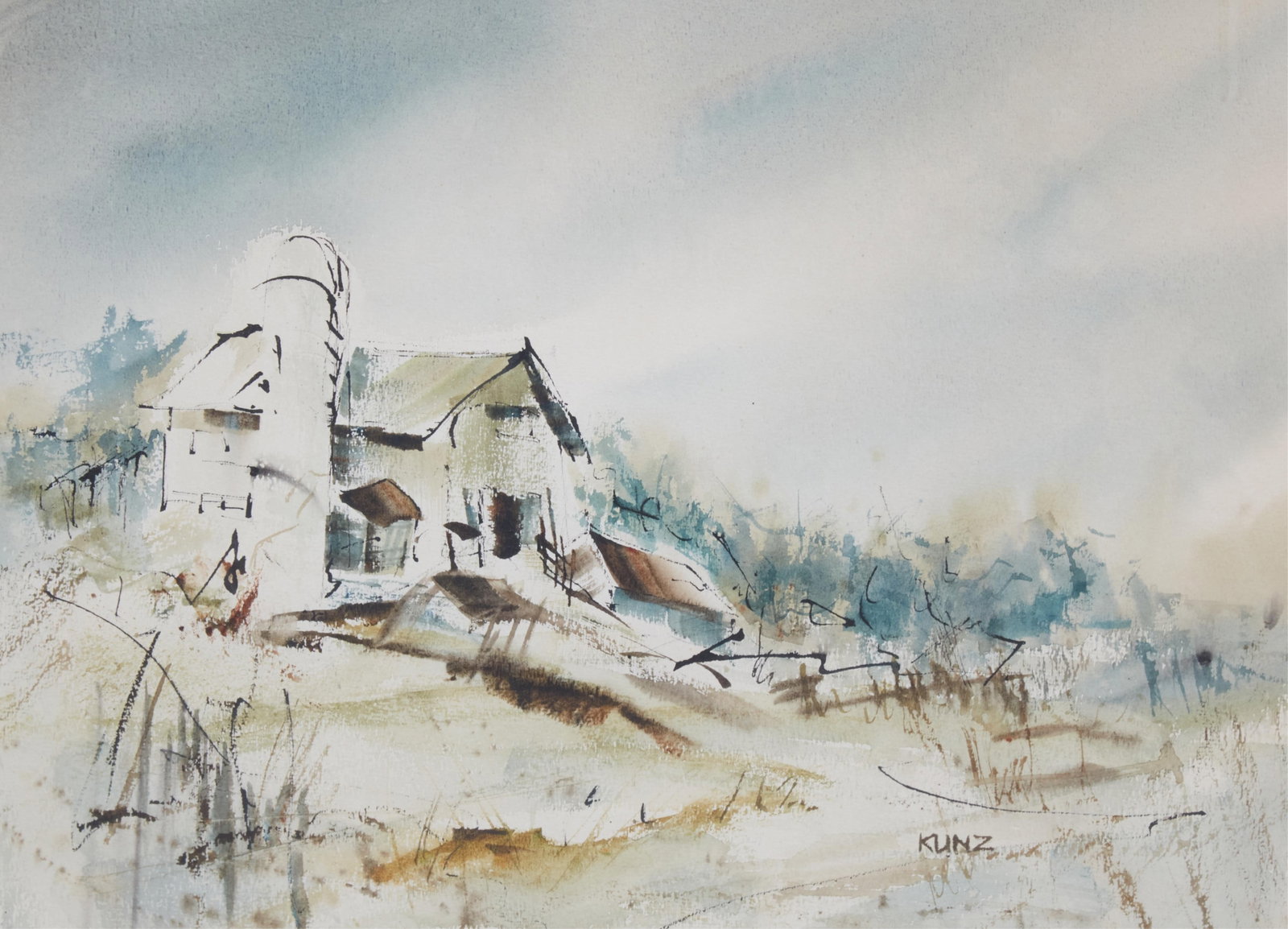 Sandra Thurber Kunz (American, 20th century), Untitled, farmhouse, watercolor on wove paper, 16 x: Sandra Thurber Kunz American 20th century Untitled, farmhouse watercolor on wove paper signed KUNZ to lower image 16 x 22in (41 x 56cm)