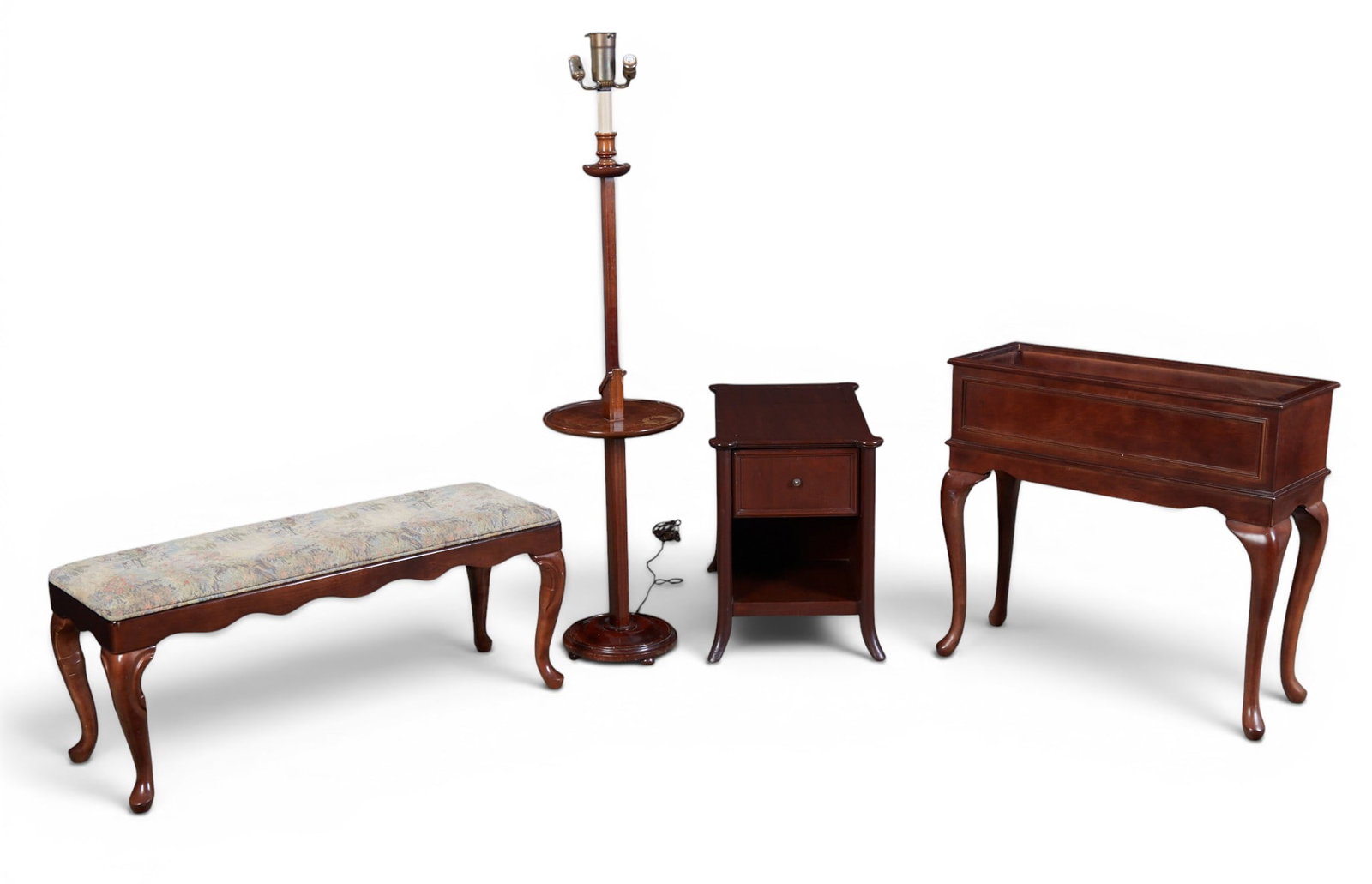 A mahogany planter together with a bench, floor lamp and side table (1 of 11)