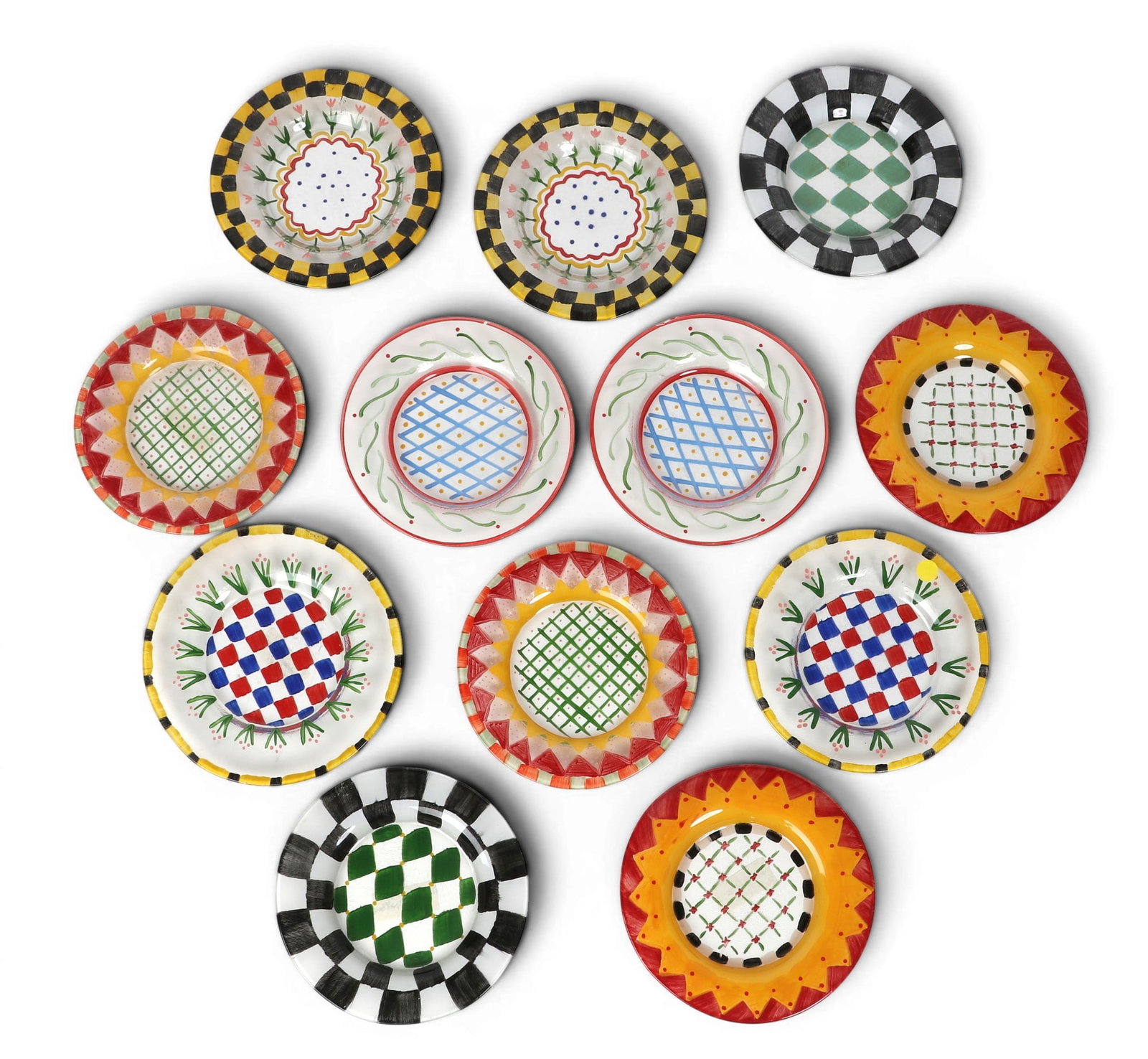A set of twelve reverse painted glass dessert/salad plates: A set of twelve reverse painted glass dessert/salad plates diameter 8 1/2 in. (21.6 cm.)