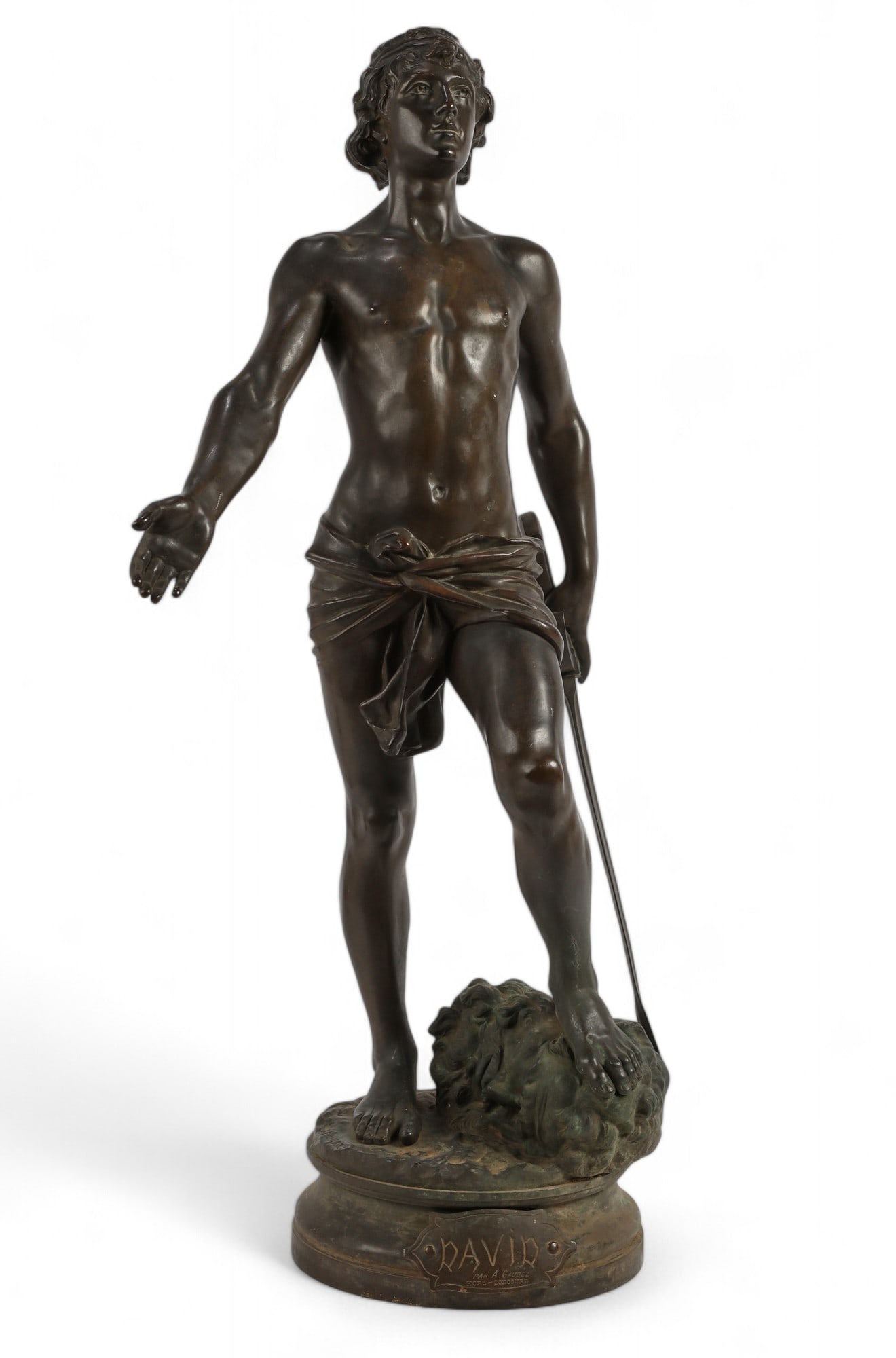 A French patinated bronze figure of David, after the model by Adrien Etienne Gaudez (1845-1902), (1 of 6)