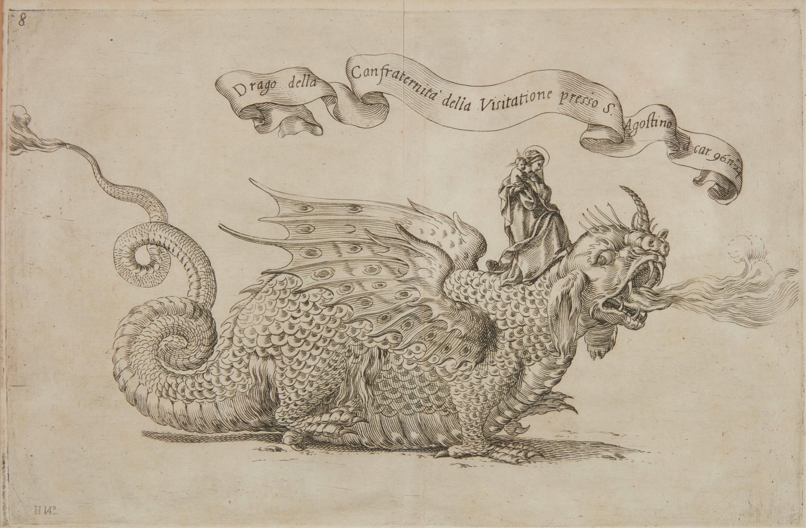 Alfonso Isacchi (Italy, 1561-1643), Parade Float with the Virgin and Child riding a Dragon ca. 1619,: Alfonso Isacchi Italy 1561-1643 Parade Float with the Virgin and Child riding a Dragon ca. 1619 etching on laid paper etching on split page laid paper; plate #8 from Alfonso Isacchi's Relatione di