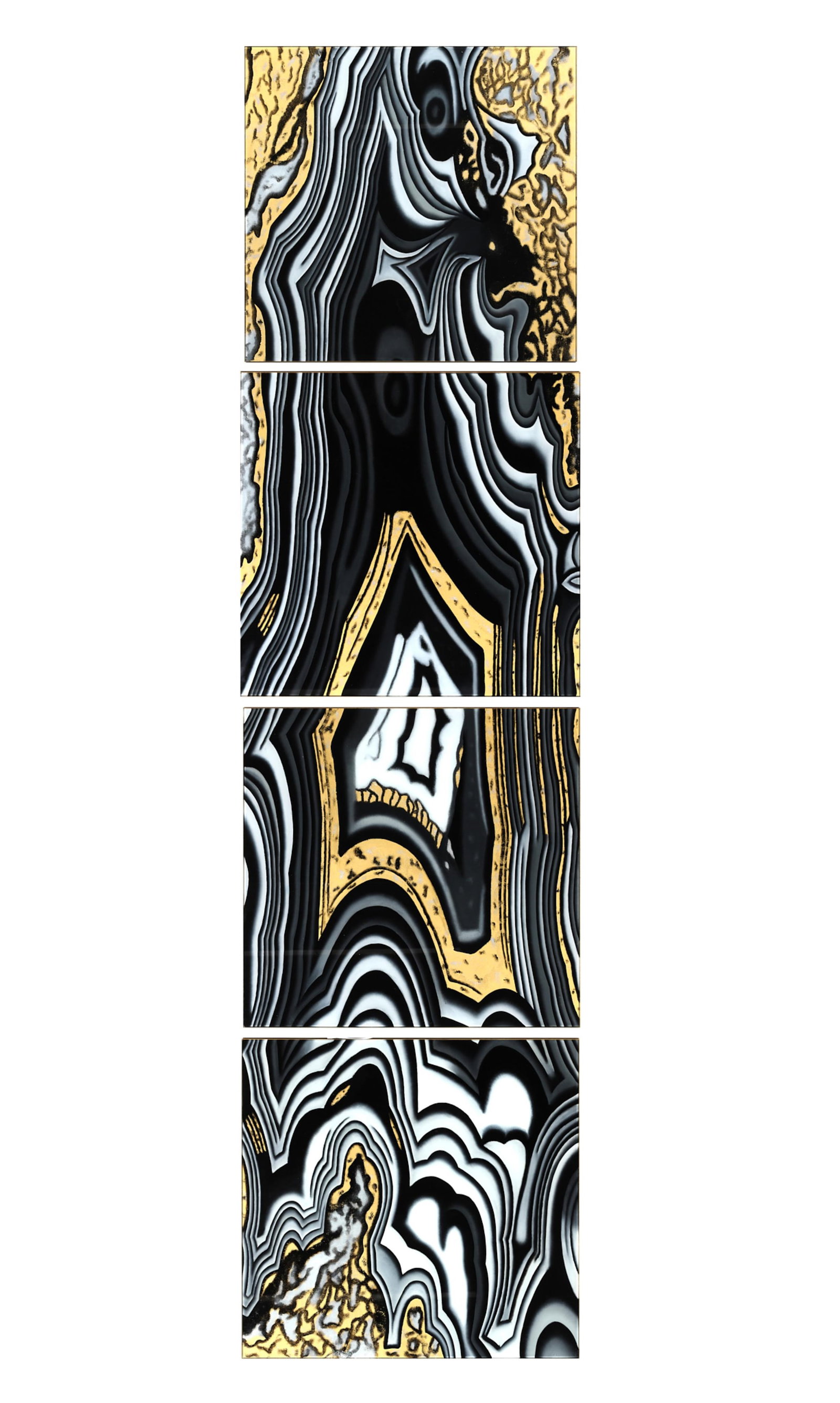 Four decorative reverse glass geode paintings: Four decorative reverse glass geode paintings the four panels can be placed as a visually continuous design 18 3/4 x 17 3/4 (47 1/2 x 45cm) each panel; 71 x 18 3/4in (180 x 47 1/2cm) full length