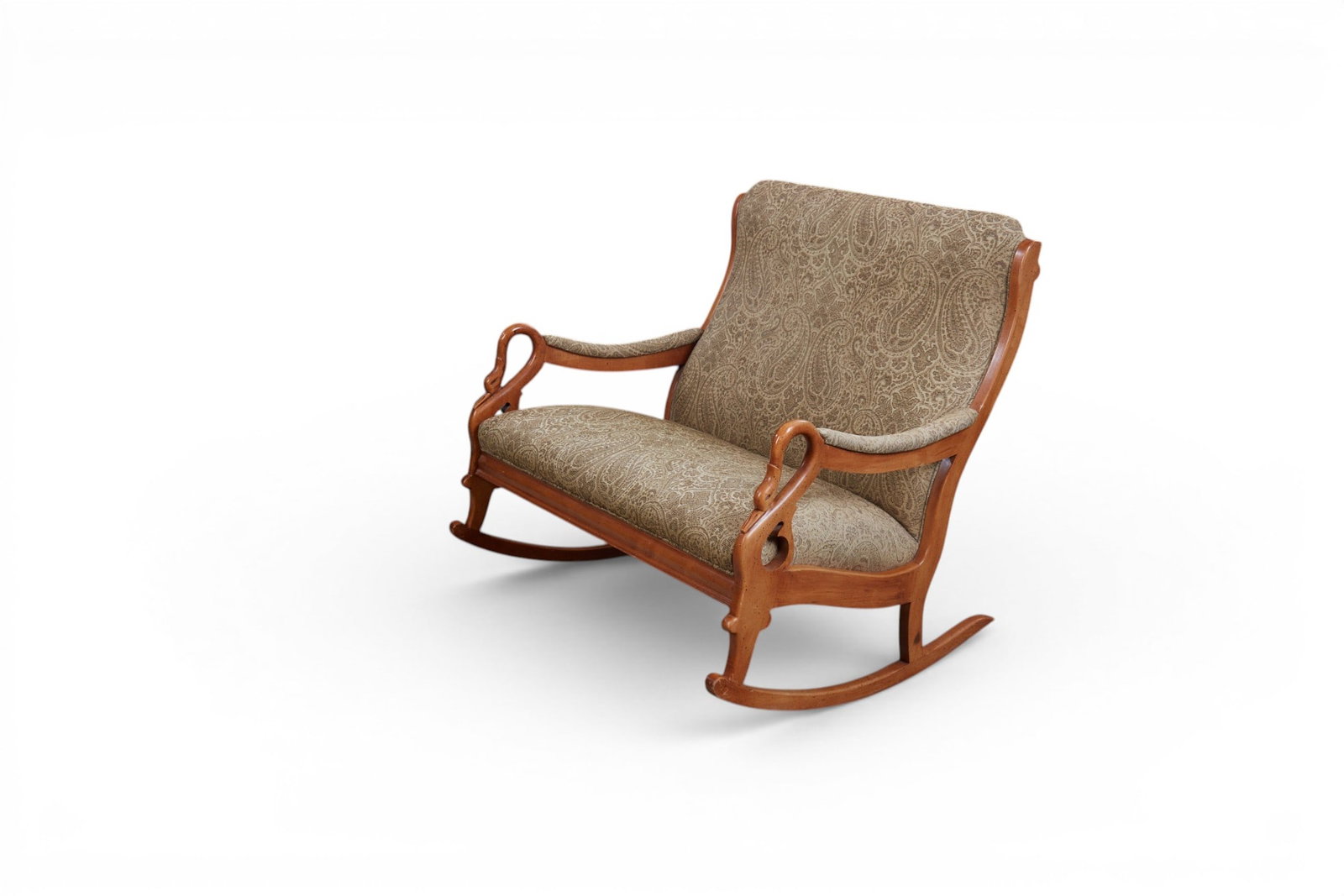 A vintage gooseneck rocking settee with carved swan arms.: A vintage gooseneck rocking settee with carved swan arms. height 40 x width 45 x depth 35 in. (101.6 x 114.3 x 88.9 cm.)