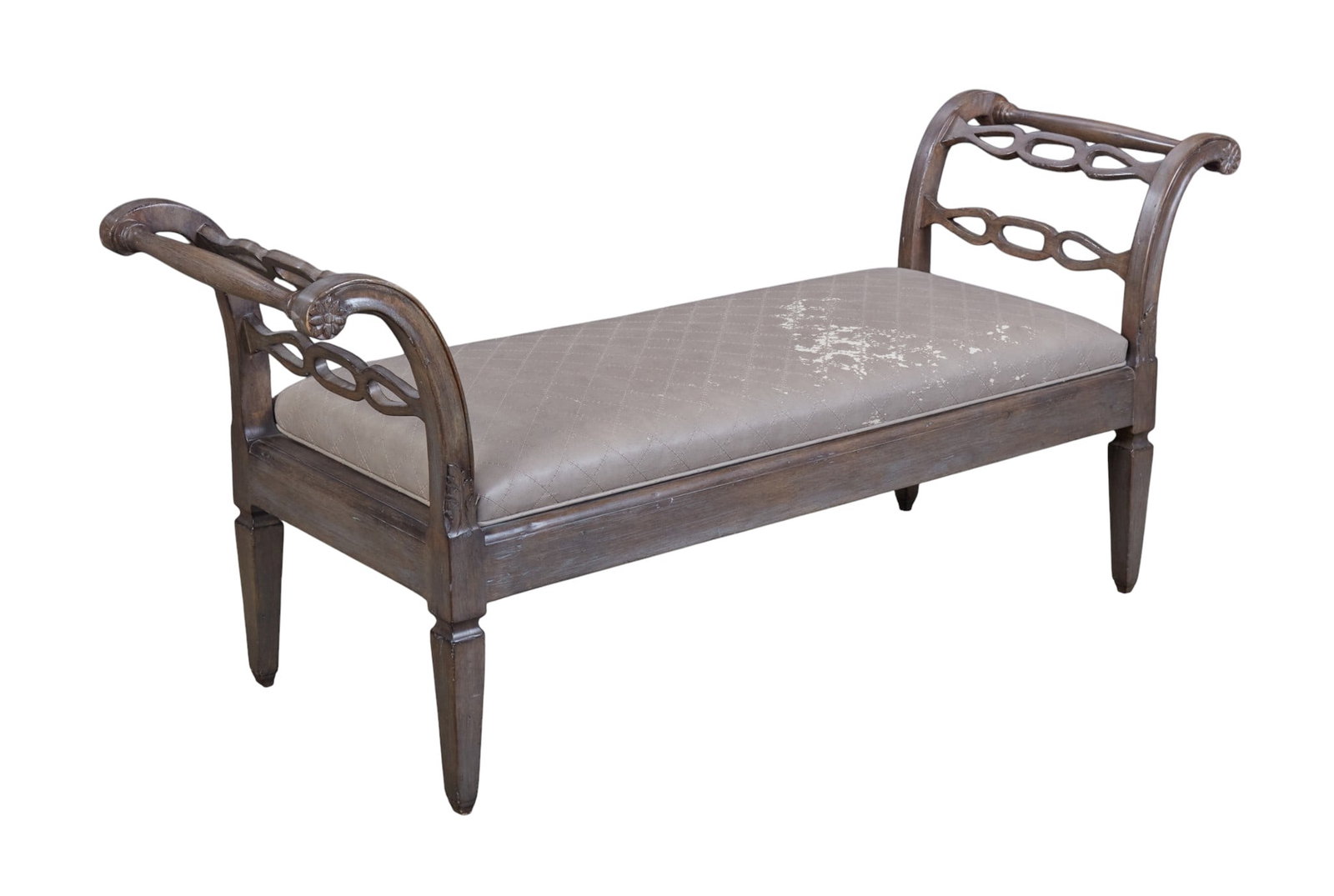 A bench with rolled arms: A bench with rolled arms height 31 x width 70 x depth 23 in. (78.7 x 177.8 x 58.4 cm.)