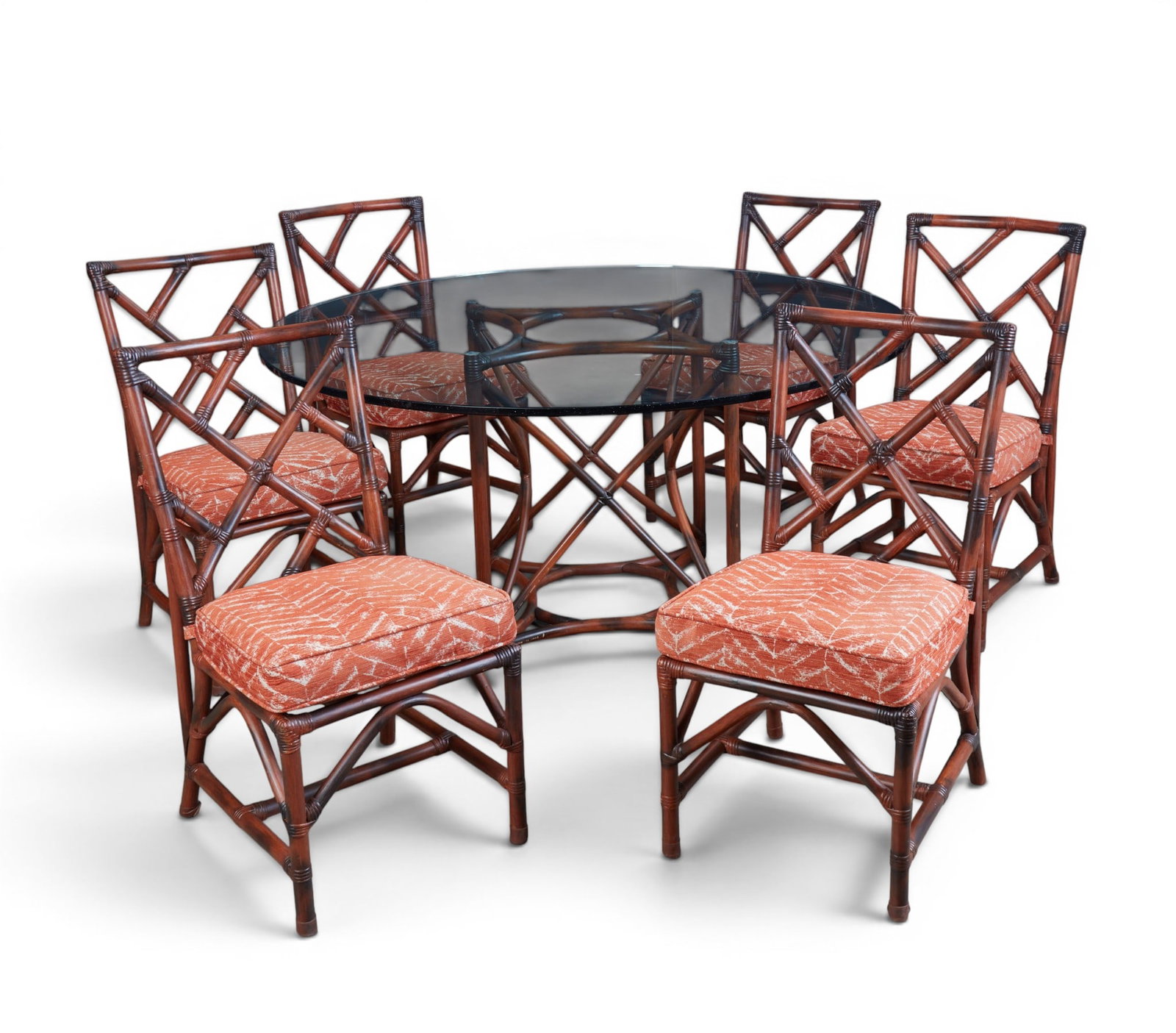 A painted bamboo glass table with six chairs with associated cushions (1 of 8)