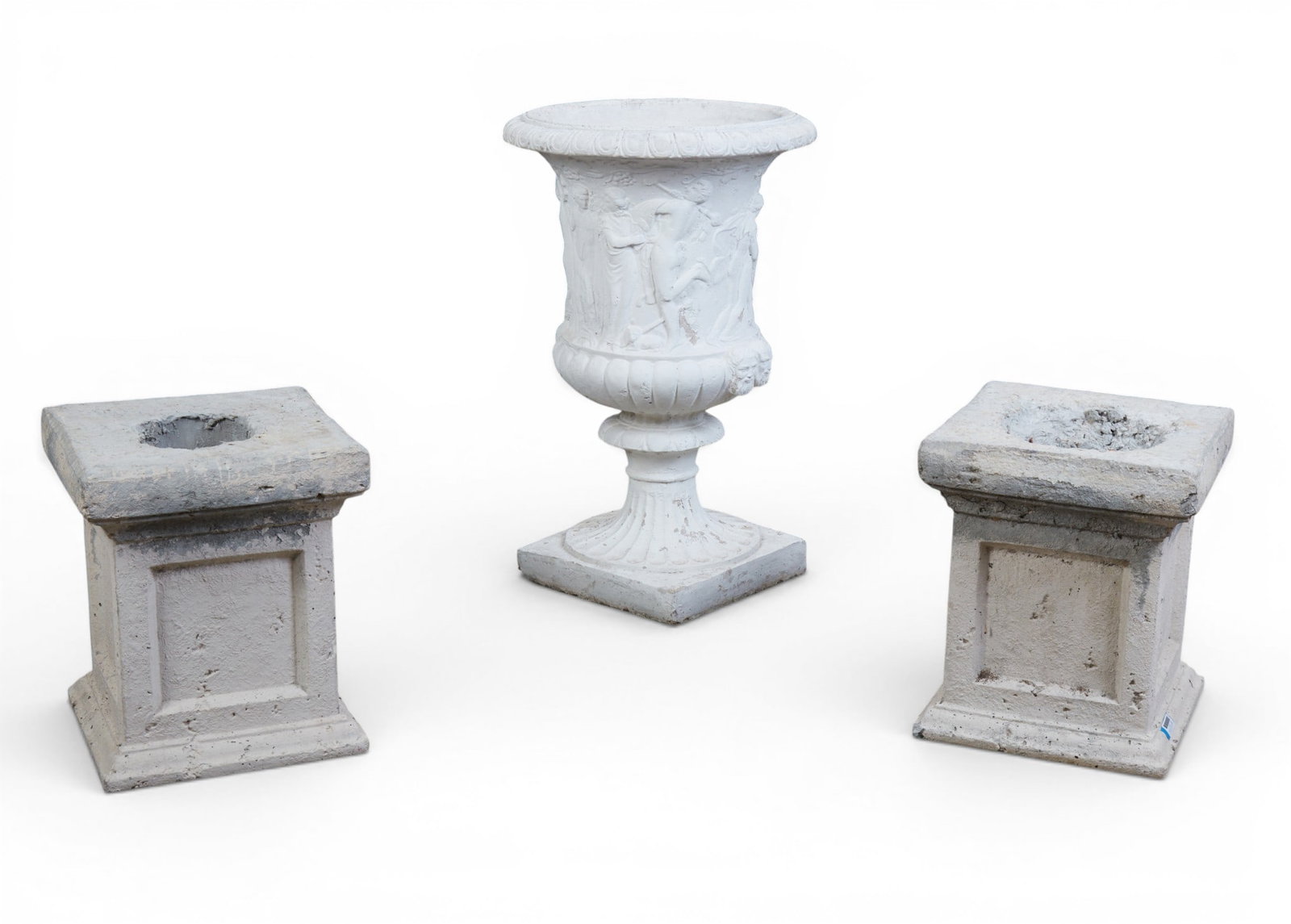 A Neoclassical white painted composition garden urn and two composition pedestals, post 1950 (1 of 12)