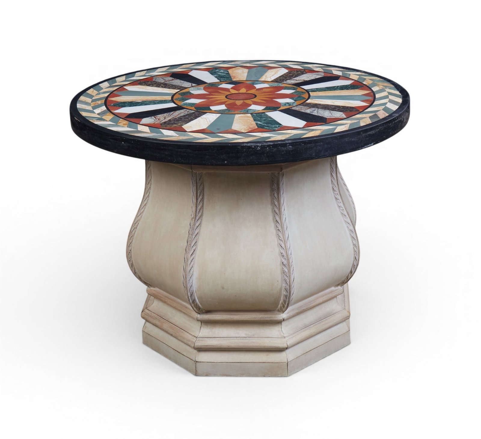 An Italian pietra dura circular table top on faux painted base: An Italian pietra dura circular table top on faux painted base height 32 1/2 x diameter 41 1/2 in. (82.6 x 105.4 cm.)