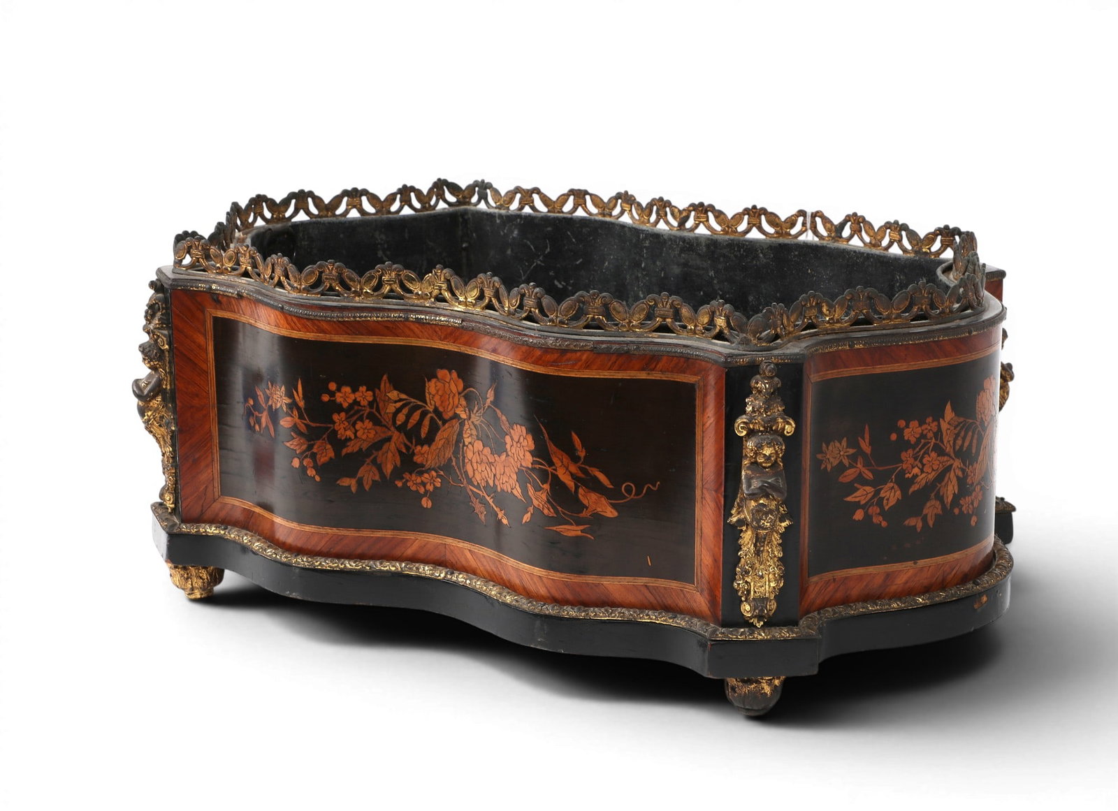 A Napoleon III gilt metal mounted parcel ebonized floral marquetry inlaid jardiniere (1 of 6)