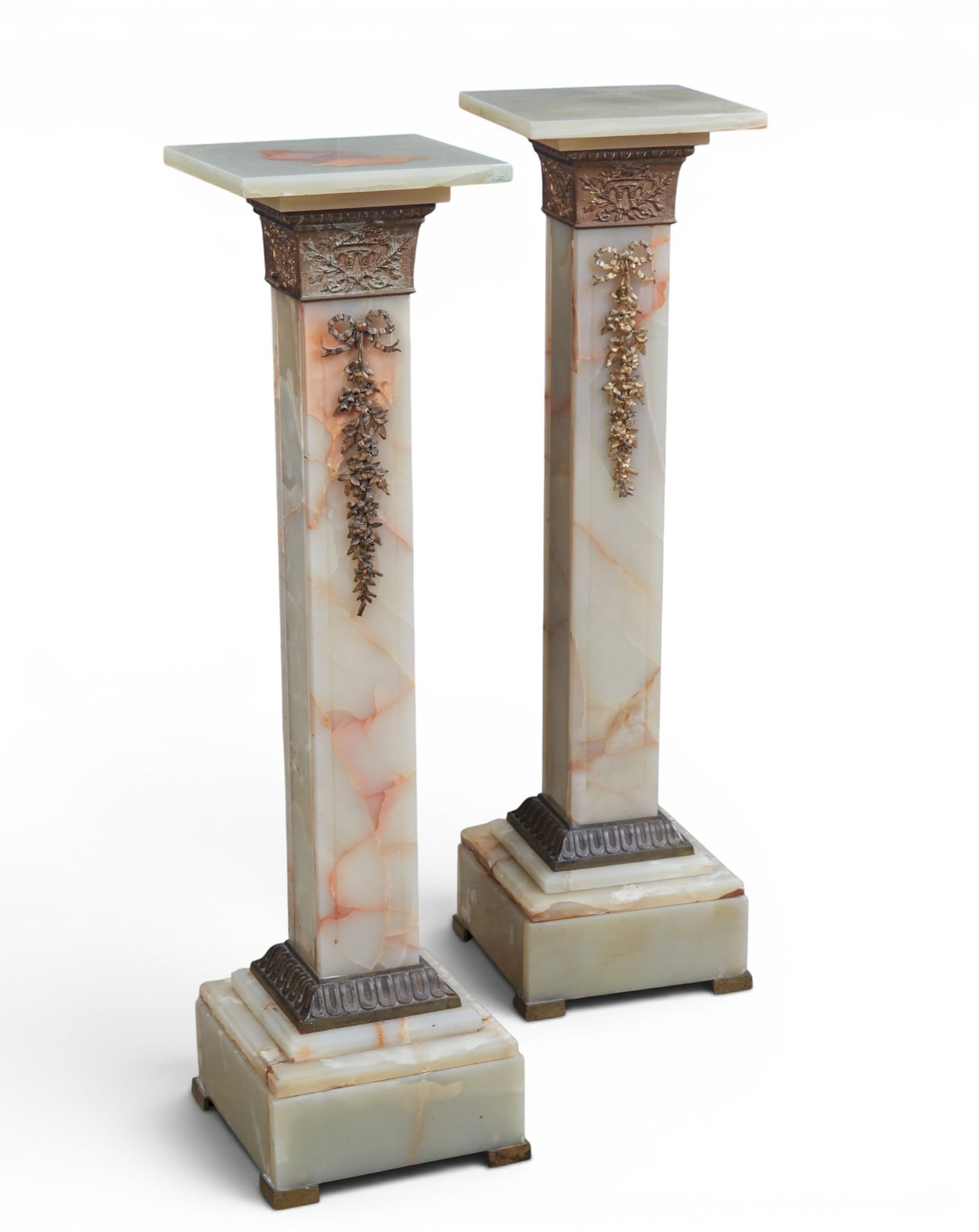 A pair of Neoclassical style gilt bronze mounted onyx pedestals (1 of 9)