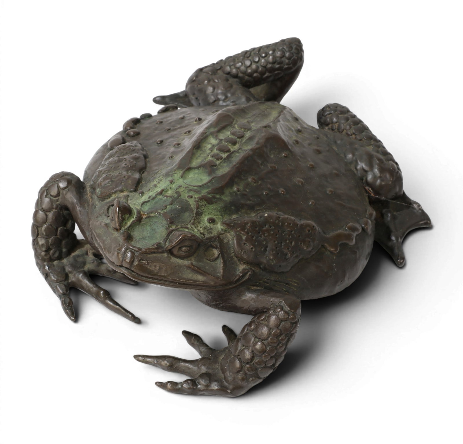 A Dion Wright patinated bronze model of a bull frog, modern: A Dion Wright patinated bronze model of a bull frog modern Incised DION WRIGHT to back right leg. height 3 1/4in (8cm); length 10in (25.5cm); depth 8 1/2in (21.5cm) Provenance: Property from