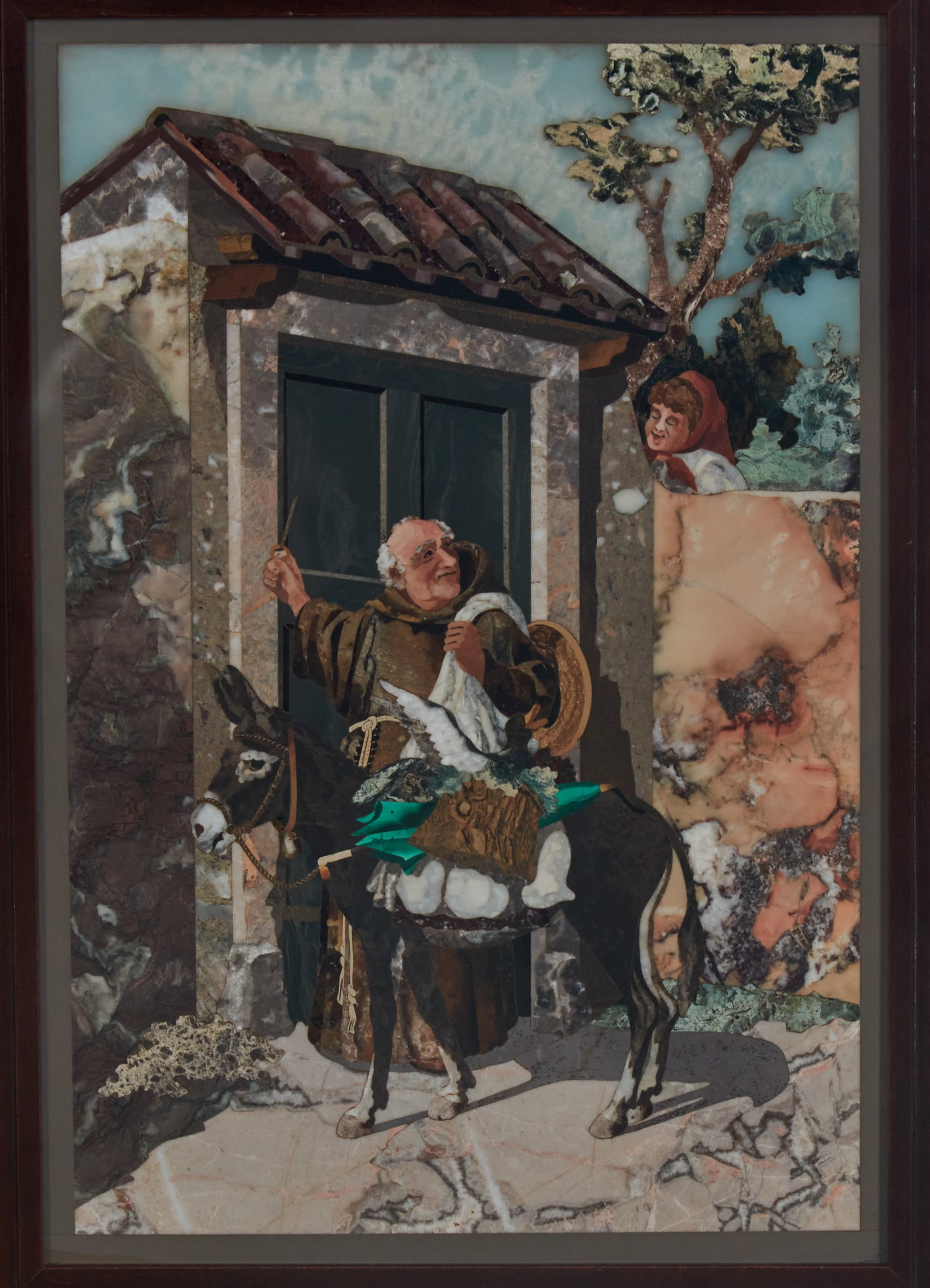An Italian pietra dura panel of a monk and donkey in a village scene, 20th century (1 of 5)